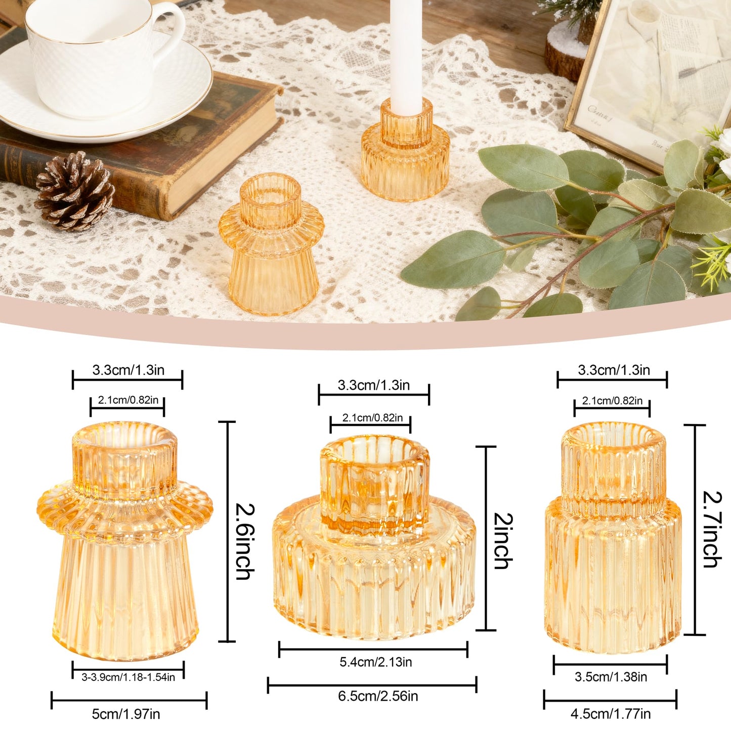 WELLIFE 3 Pcs Gold Glass Candle Holder, Taper Candle Holder, Gold Candlestick Holders for Party, Wedding Decorations, Table Centerpieces and Thanksgiving