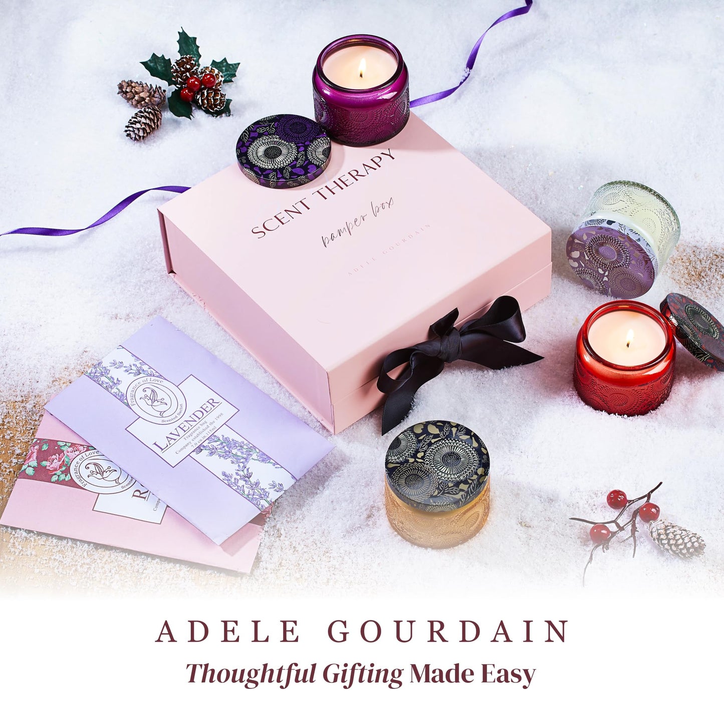 ADELEGOURDAIN Aromatherapy Scented Gift Set - 4 Soy Wax Candles & 2 Fragrance Sachets - Calming Jasmine, Bergamot, Berry & Breeze Scents in Glass Jars - Home, Bath & Relaxation Mother's Day Presents