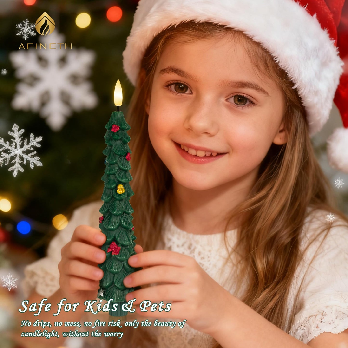 AFINETH Christmas Tree Taper Candles with Remote, 2 Pack Green Flameless Candles Battery Operated, Real Wax 9.6 Inch Flickering Led Tree Candlesticks Decorations for Winter Home Holiday Xmas Gift