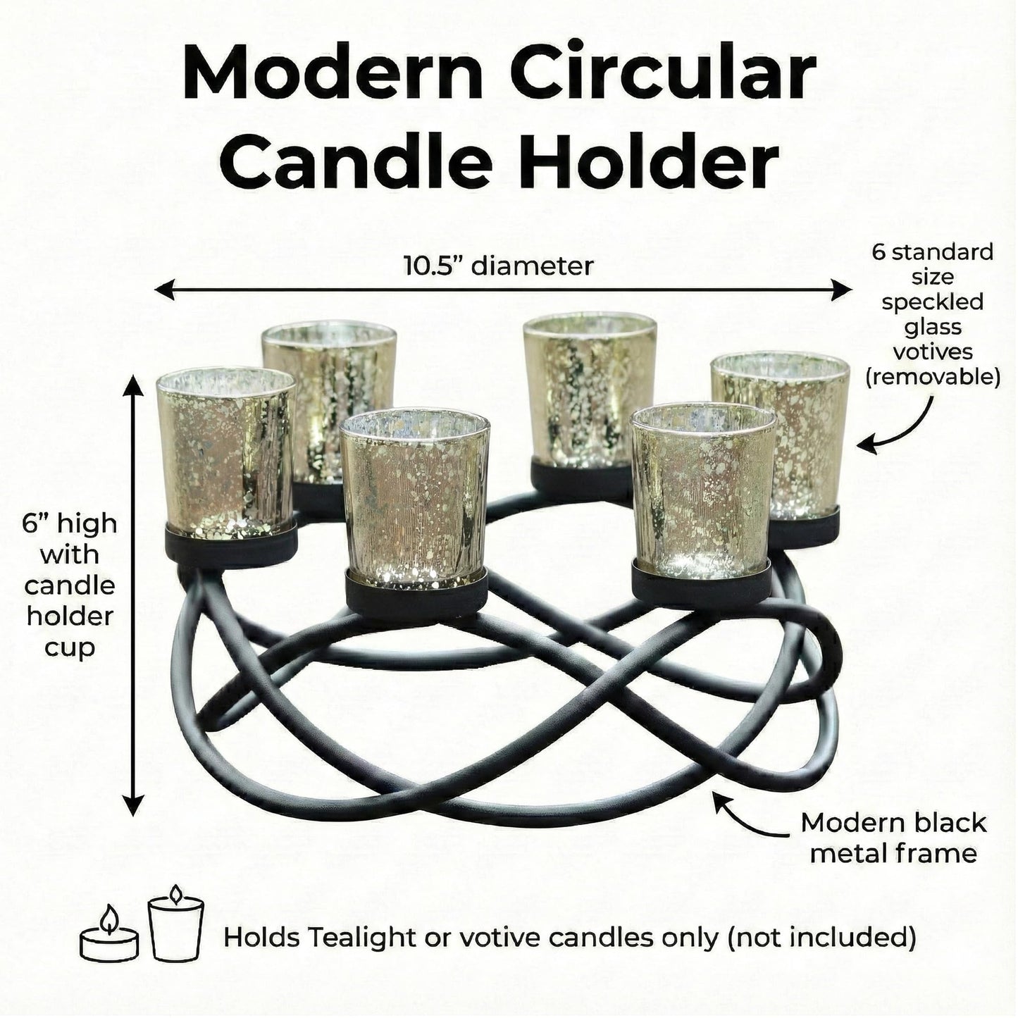 Seraphic Centerpieces for Table Decorations - Round Candle Holders for Outdoor Patio, Dining, Kitchen, Coffee & Wedding Table Decor, Black Iron Candelabra, 6 Gold Glass Votive Tealight Cups