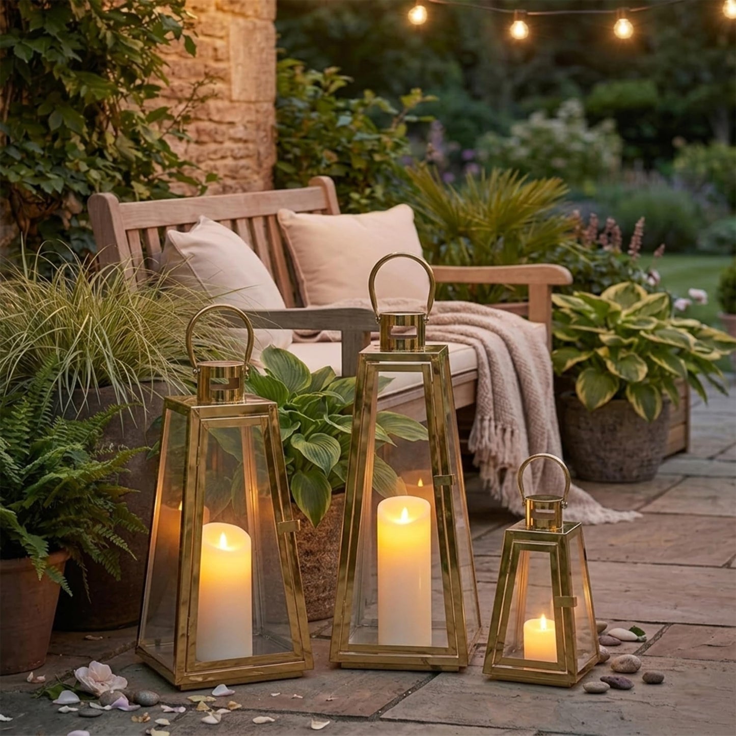 TRIROCKS Set of 3 Stainless Steel Candle Lantern 21/16/11''H Metal Outdoor Candle Holder Decorative Hanging Lantern with Tempered Glass for Home Living Room Parties Event Indoor Outdoor(Gold Triangle)