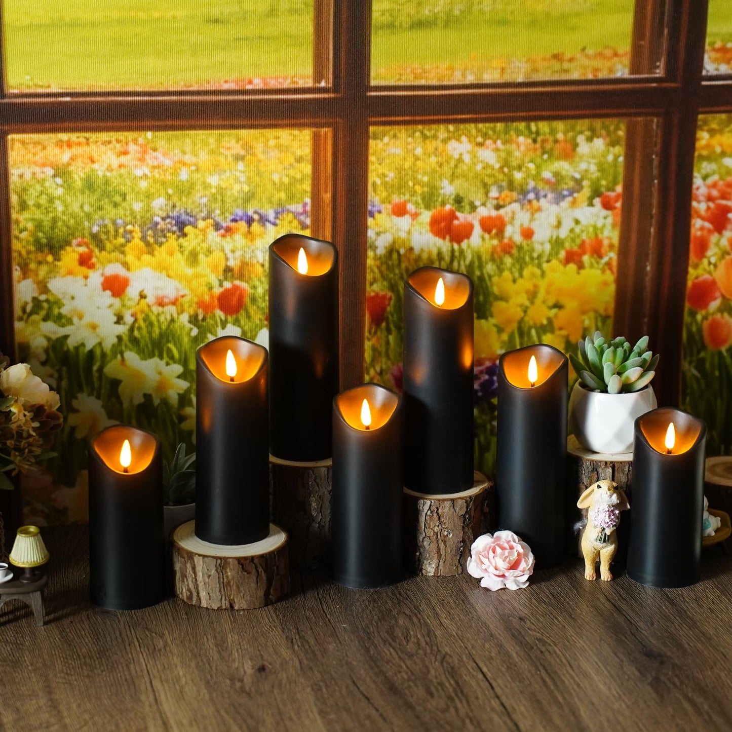 kakoya Flickering Flameless Candles, Battery Operated Plastic LED Pillar Candles with Remote Control and Timer, Set of 24 (Black)