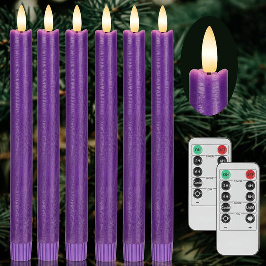 AFINETH Purple Flameless Taper Candles with Remote, 6 Pack Real Wax Battery Operated Candles, 9.6 Inch Flickering Led Christmas Candlesticks Decorations for Winter Home Holiday Xmas Gift