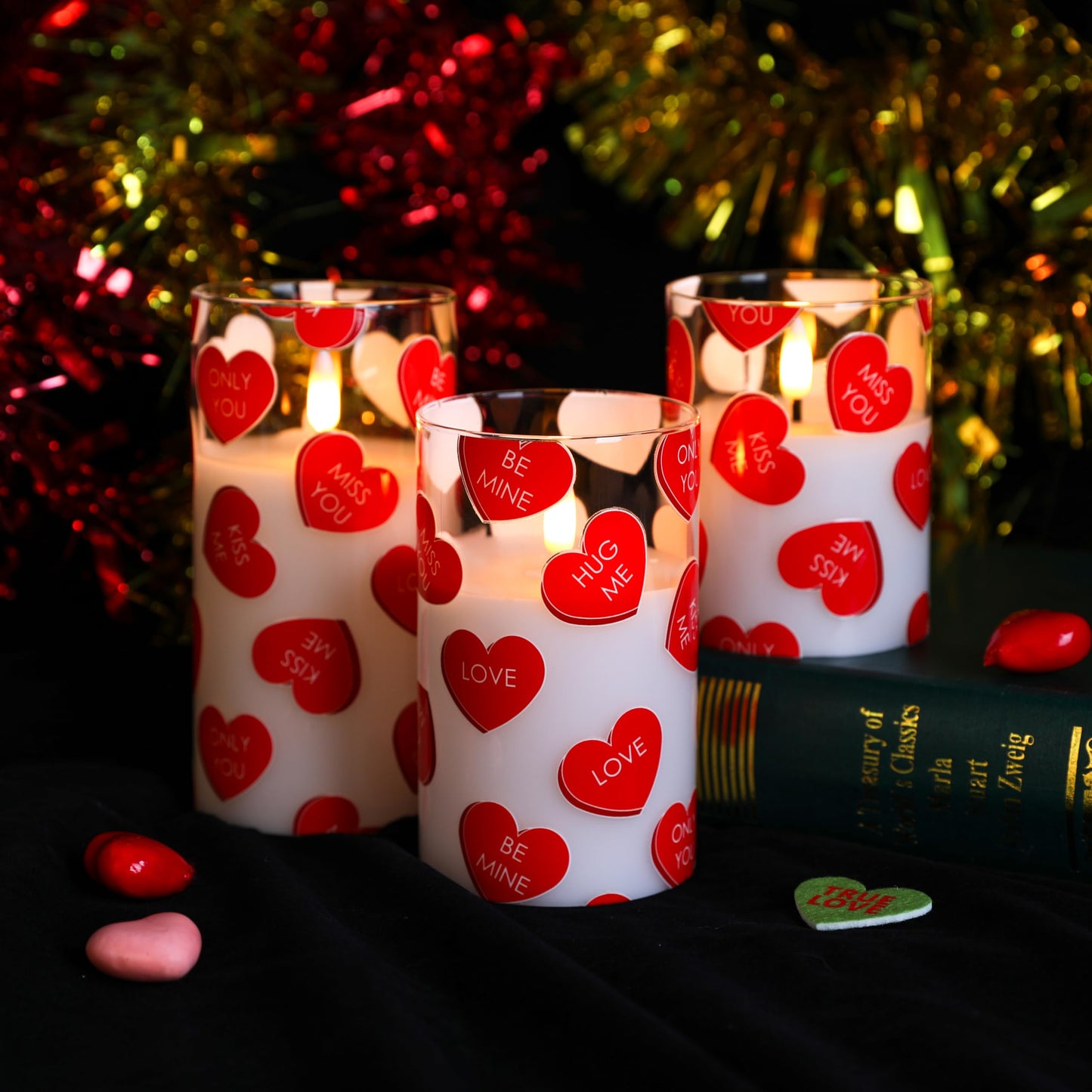 Lebaley 3PCS Valentine Flameless Candles with Remote,Valentine Candles,Love Heart Pillar Candle,Battery Operated LED Candles, Valentines Day Candles for Wedding Anniversary Romantic Night