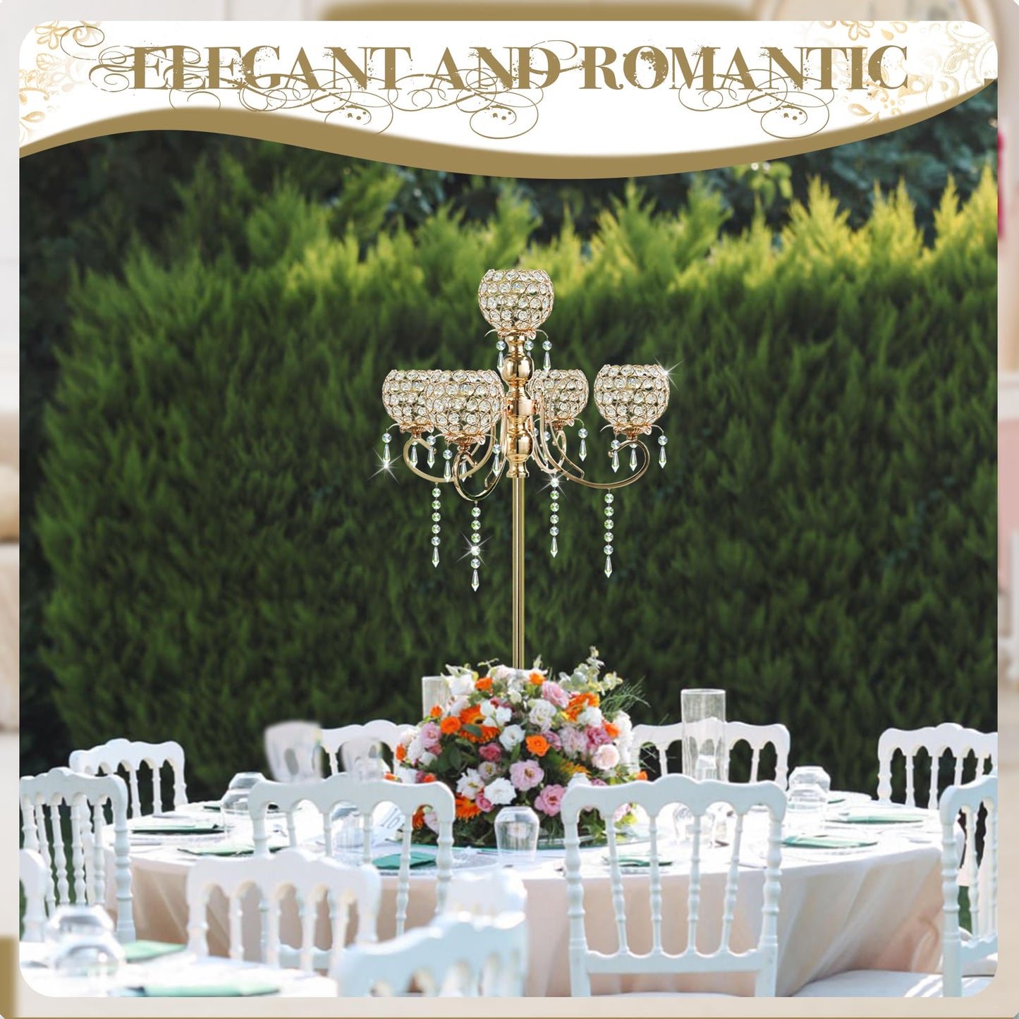 50" Tall Large Elegant Crystal Candelabra/Candlestick Holder Centerpiece for Weddings, Parties & Reception Decoration, Tealight Tray & Gorgeous Floor Candelabra Home Decor(Gold-1pc, 5-Arm)
