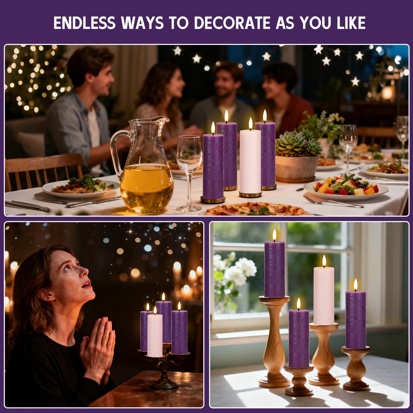 AFINETH Flameless Advent Candles Set of 4, Real Wax Advent Pillar Candles Battery Operated 9.6", Purple and Pink Christmas LED Candle for Wreath, Christ, Home, Church, Catholic Decoration
