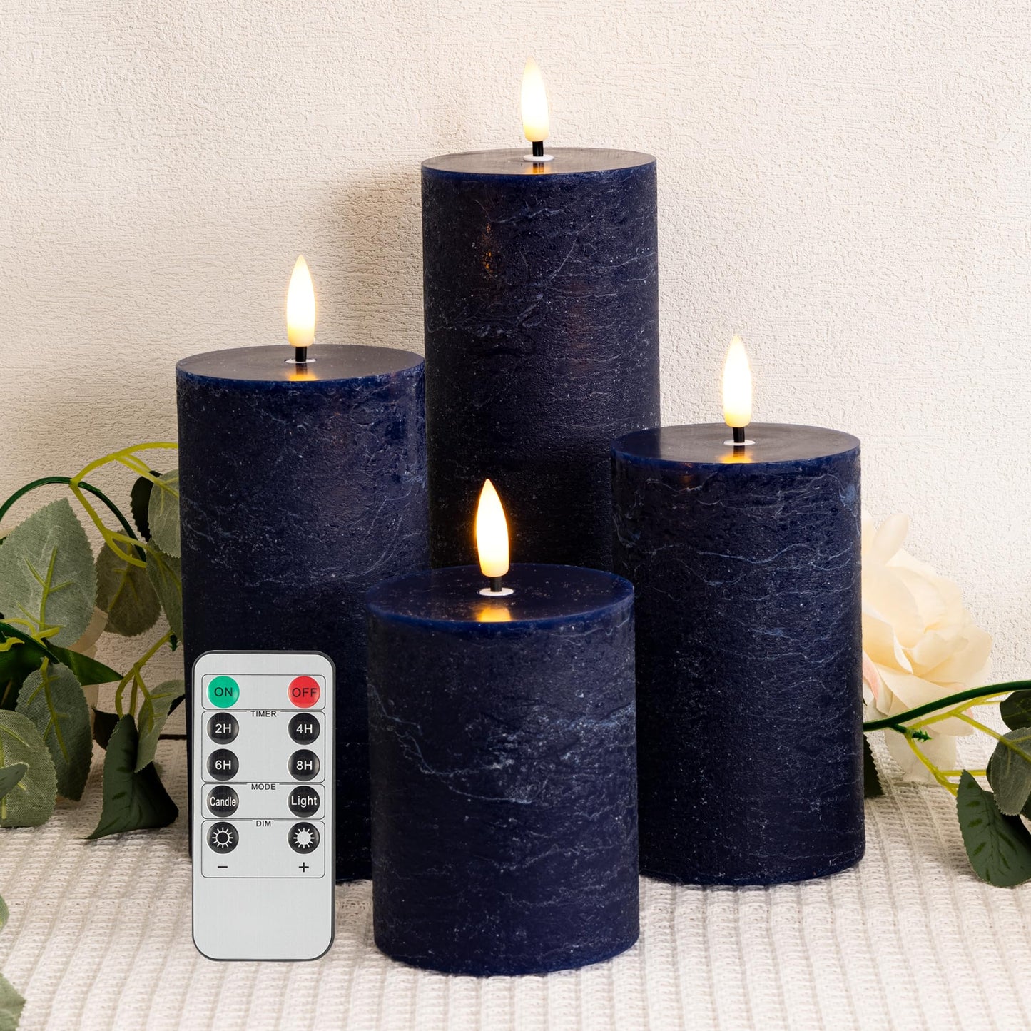 AFINETH Blue Flameless Pillar Candles, Battery Operated Candles with Remote, Real Wax Flickering LED Candles for Home Party Wedding Holiday Decor, Set of 4, Φ 3" H 4" 5" 6" 8"