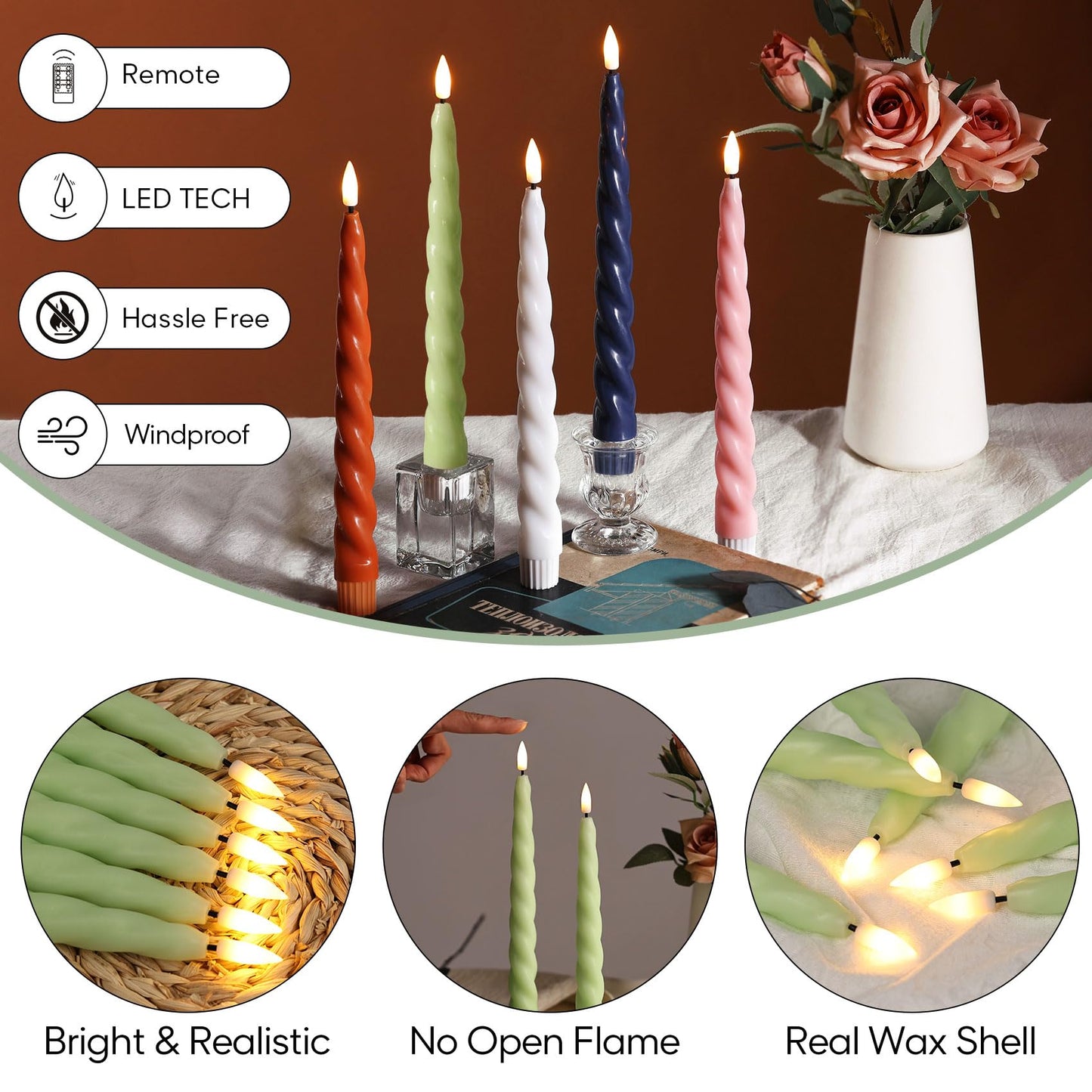 Girimax Spiral Green Flameless Taper Candles with Remote, Flickering Battery Operated LED Wax Candlesticks Spring Summer Home Decor Set of 6