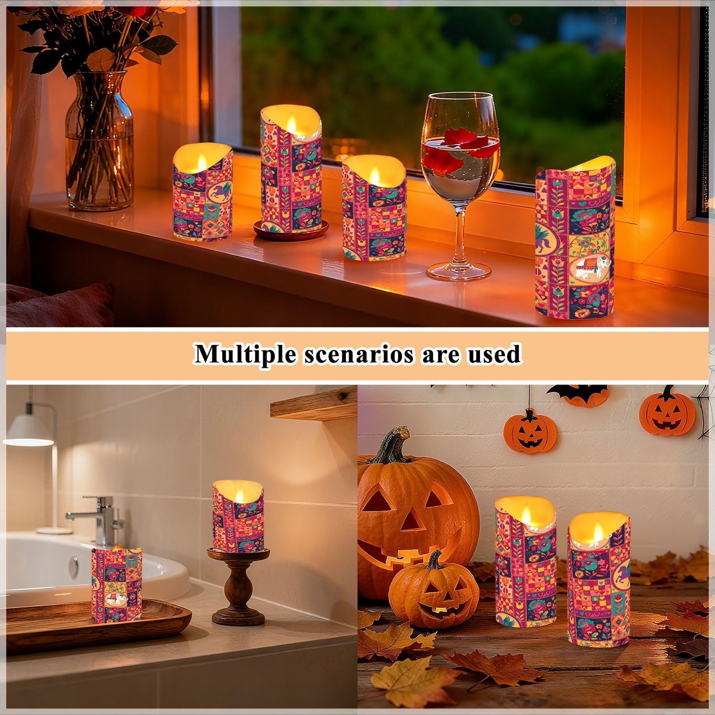 Gravopti Patchwork Animals 2 Pack Flameless LED Pillar Candles with Remote & Timer, Battery Operated, Flickering Wax Candle for Wedding, Romantic Home & Party Decor