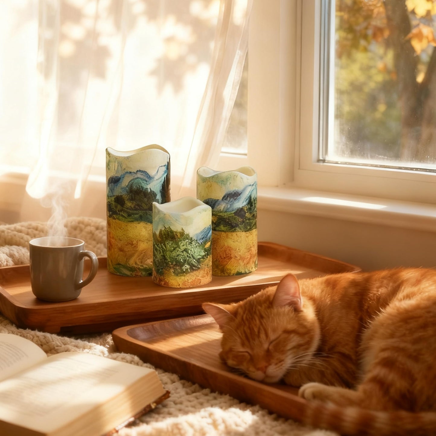 NjaoHoo Flameless Candles 4" 5" 6" Set of 3 Indoor Outdoor Pillars Battery Operated Flickering Candles 10-Key Remote Timer Van Gogh Art Painting Style(Wheat Fields Printed)