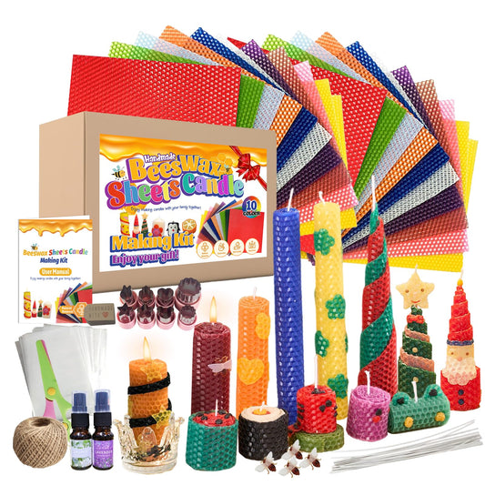 WcoDusak Beeswax Candle Making Kit for Kids, 100% Pure Beeswax Sheet for Candle Making with 20 Colorful Sheets, 8 Press-Out Molds, Glass Candle Holders & Complete Gift Supplies Creative DIY Craft