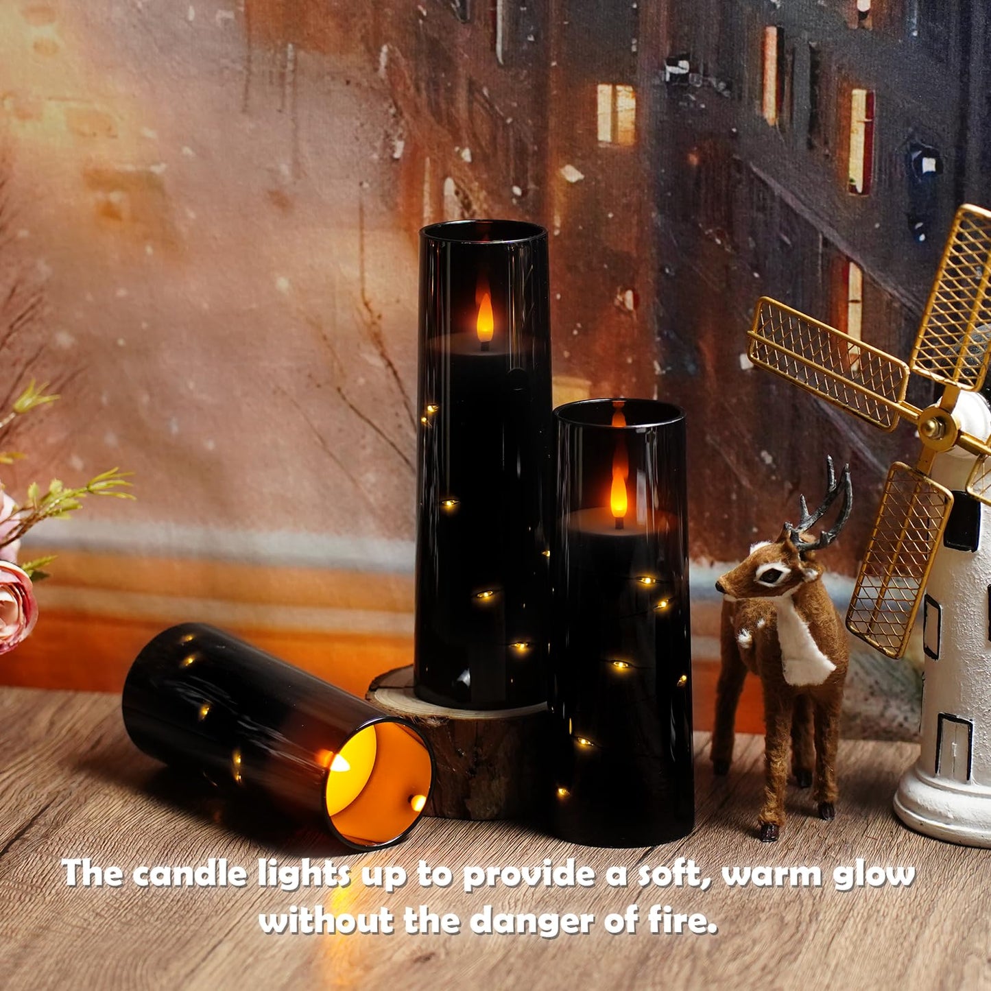 kakoya Flameless LED Candles with Timer 9 Pc Flickering Flameless Candles for Romantic Ambiance and Home Decoration Stable Acrylic Shell,with Embedded Star String,Battery Operated Candles（Black）