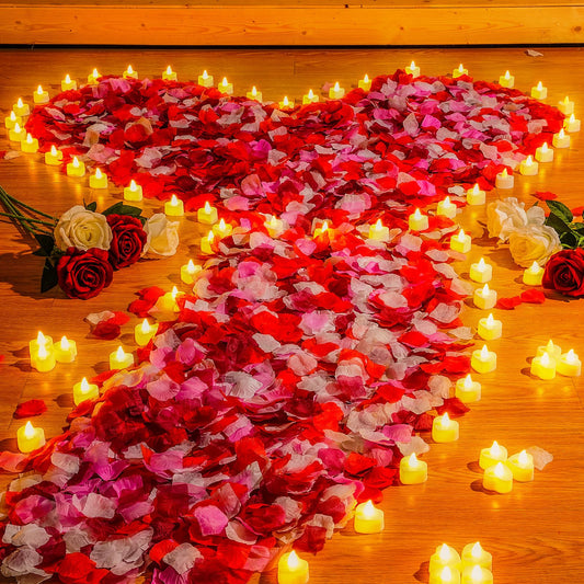 Coume 6000 Pieces Artificial Rose Petal 72 Pieces LED Tealights Candle, Romantic Decorations Special Night Rose Petal Heart Candle for Valentines Wedding Anniversary Proposal Decor(Cute White Light)