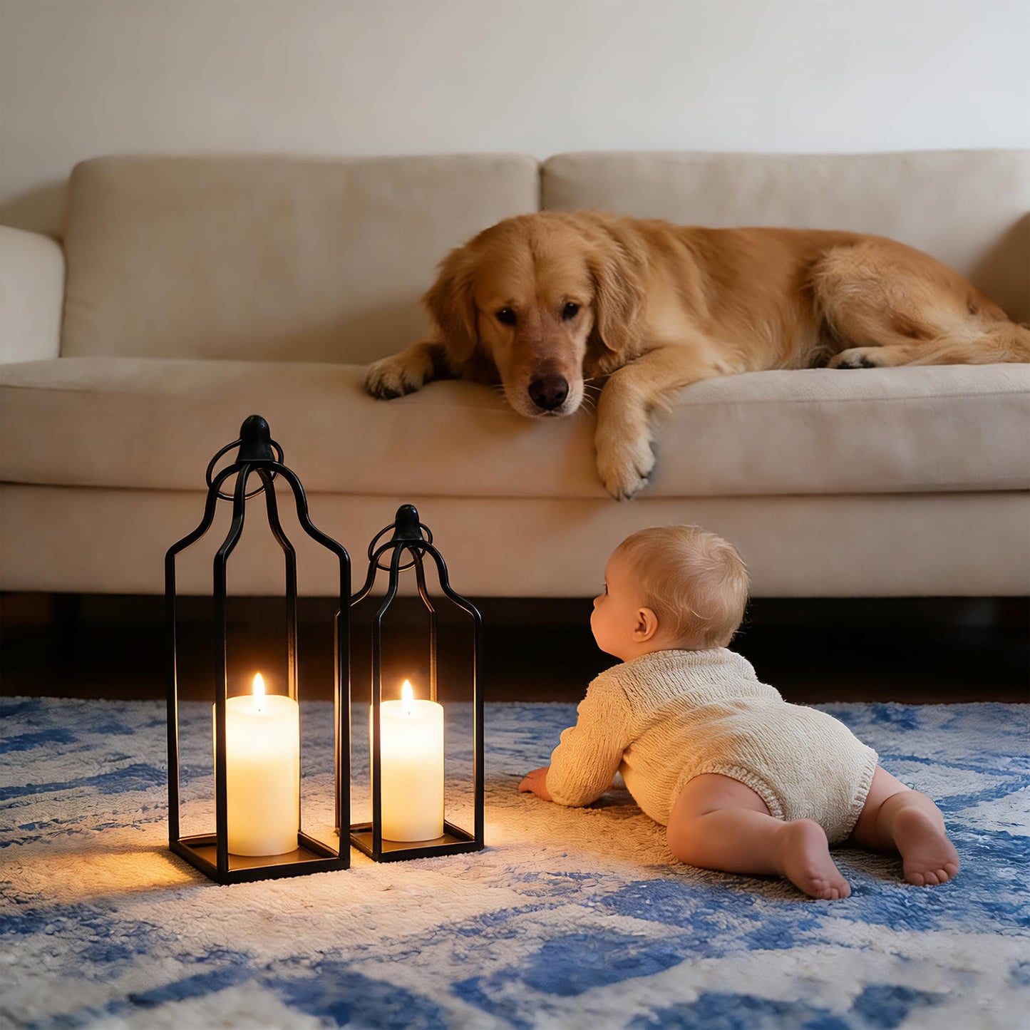 Rustic Farmhouse Decor Metal Lantern Set of 2 Decorative Lanterns for Home Indoor Outdoor Living Room, Fireplace, Patio, Wedding & Kitchen Table Centerpieces (Black, 14.5" 12.2")