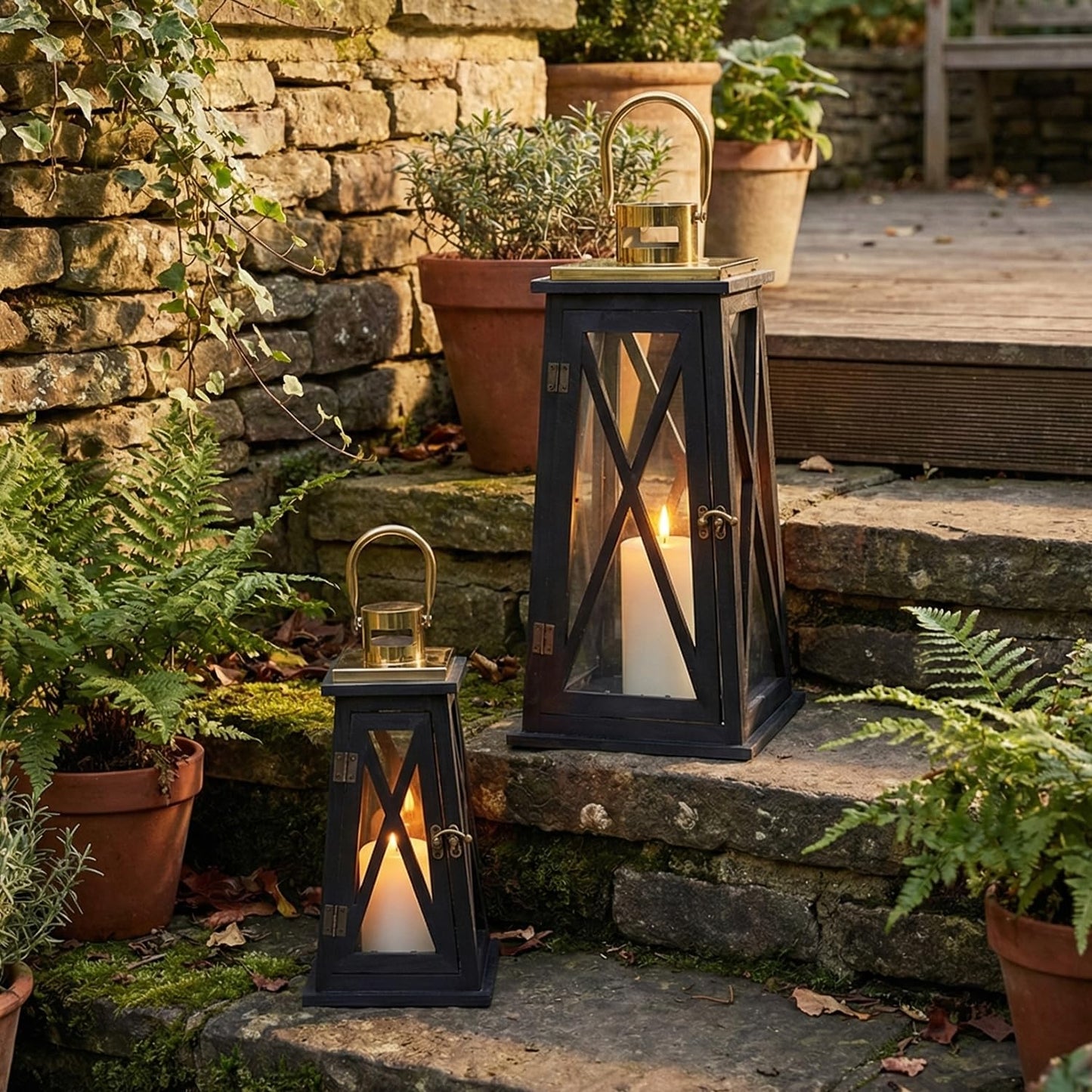 TRIROCKS Set of 2 Farmhouse Wood Candle Lantern 22'' &15.5'' H Decorative Candle Holders with Tempered Glass Rustic Hanging Lantern for Garden Patio Wedding Parties Indoor Outdoor(Black Trapezoid)