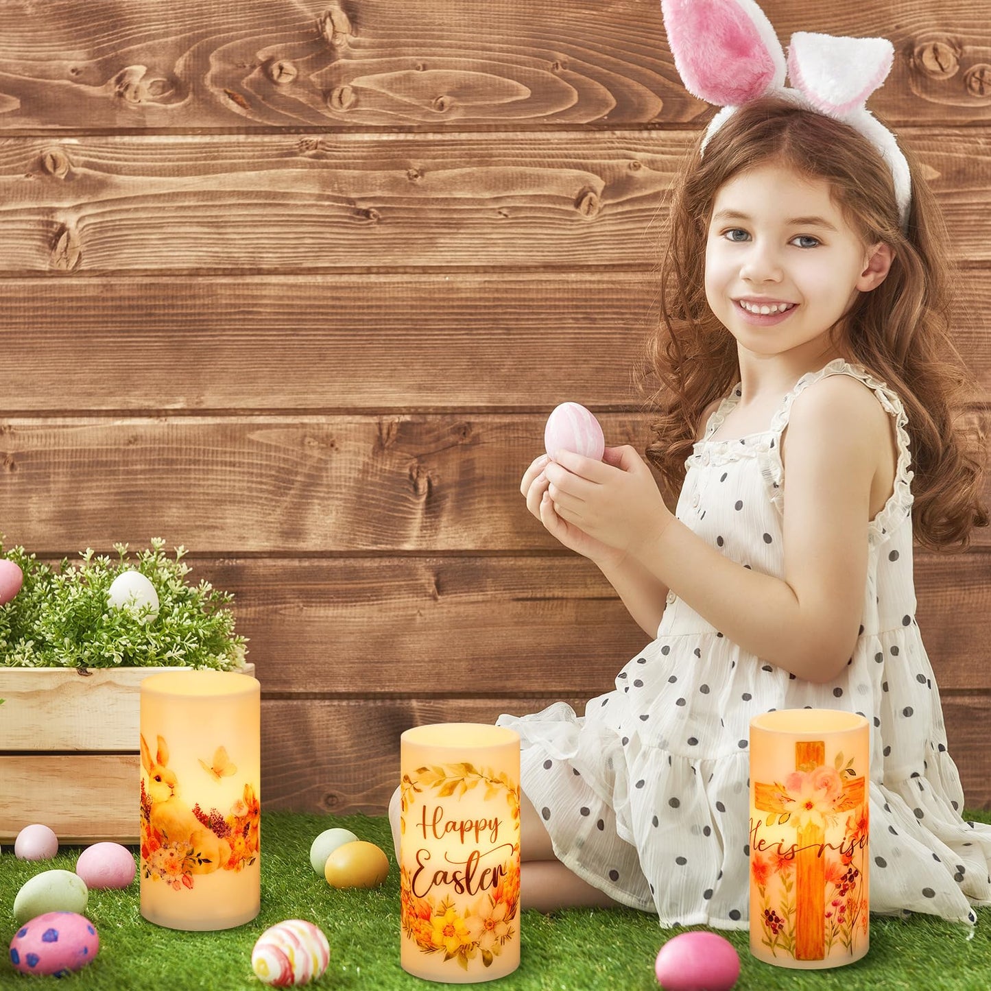 Retisee 3 Pcs Easter Flameless LED Candles Battery Operated Bunny Flower Spring Flickering Pillar Candles with Remote Rabbit Happy Easter Centerpiece for Bedroom Living Room Dinner Table Decoration