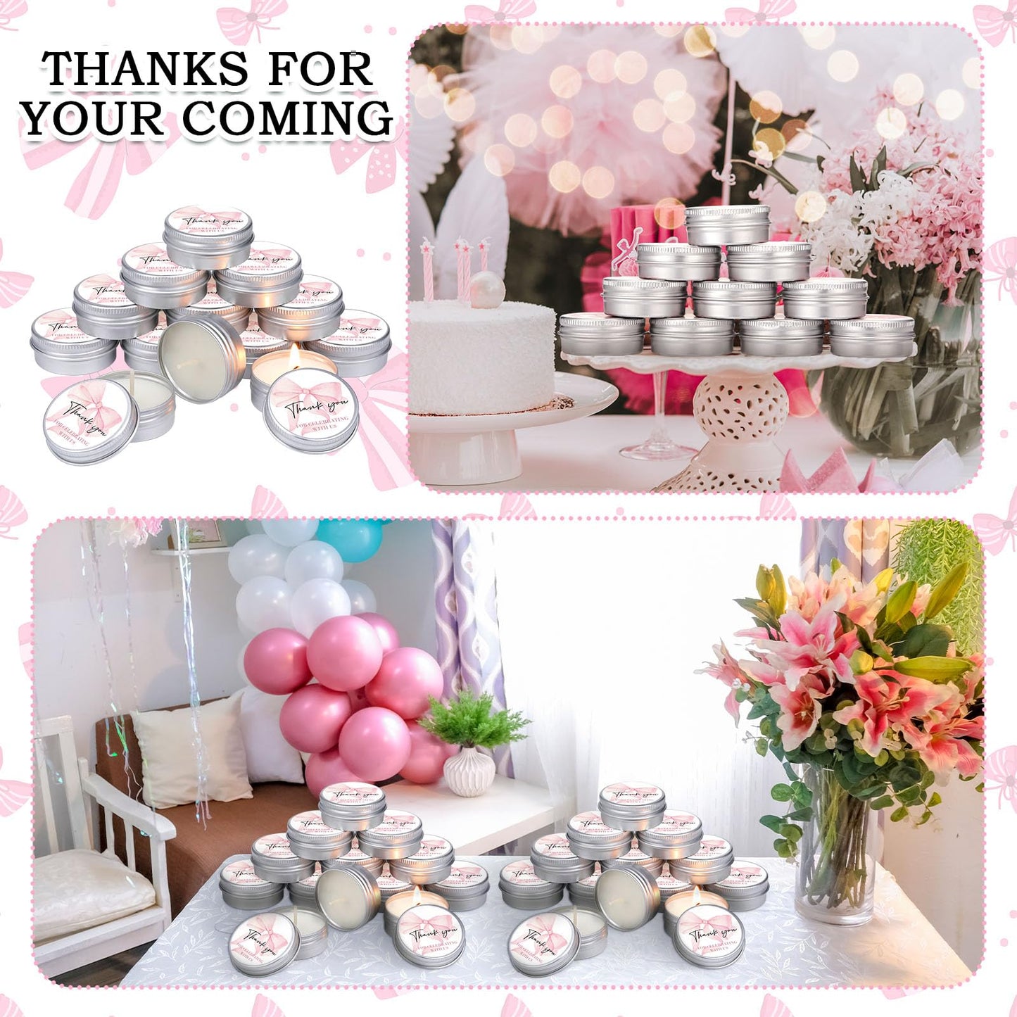 MTLEE 50 Pcs Bow Baby Shower Favors Scented Candles Gift Travel Tin Candle Aromatherapy Candle Favors for Baby Shower Wedding Gifts Compound Scent Essential Oil 1.57 x 0.67''