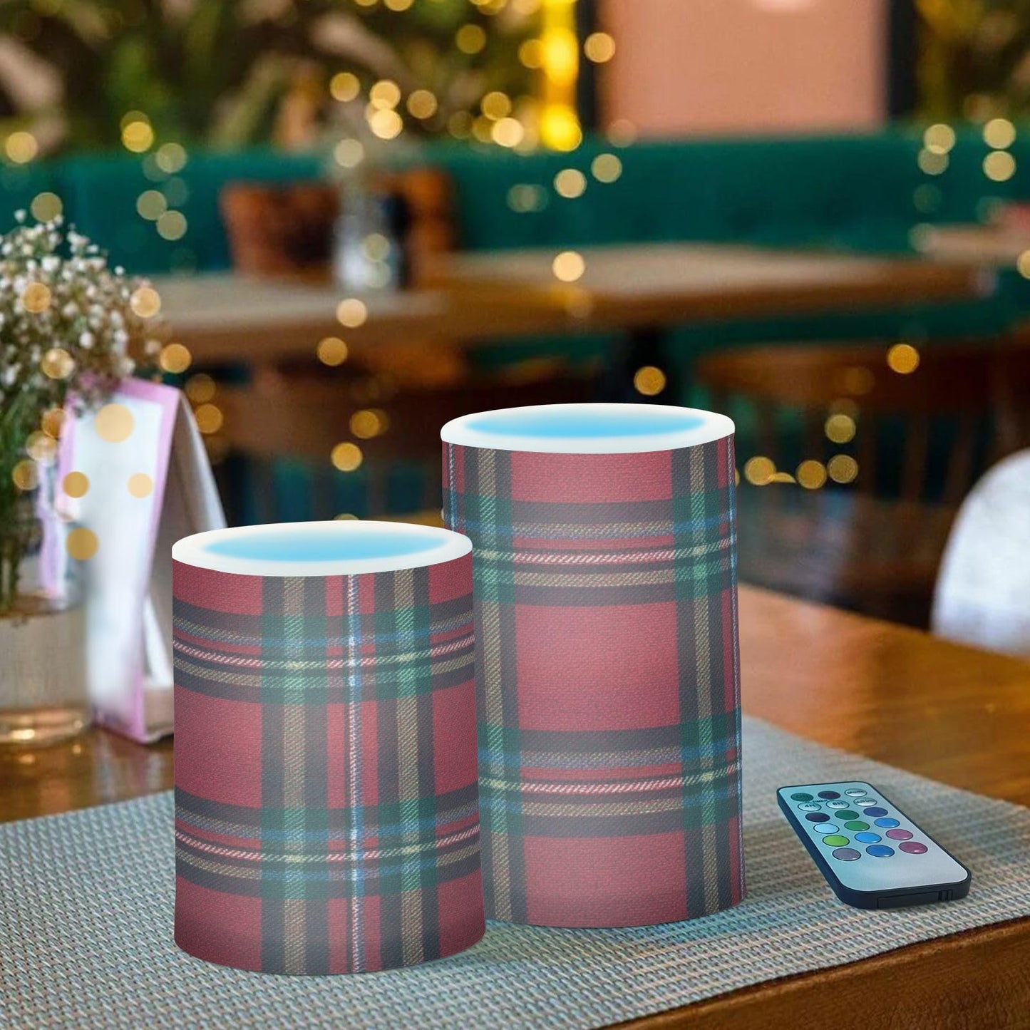 ALAZA Holiday Red Green Buffalo Tartan Plaid Flickering Flameless Candles Battery Operated with Remote Timer,Tea Light Candles LED Pillar Votive Candles Set of 2 for Outdoor Indoor Decorations