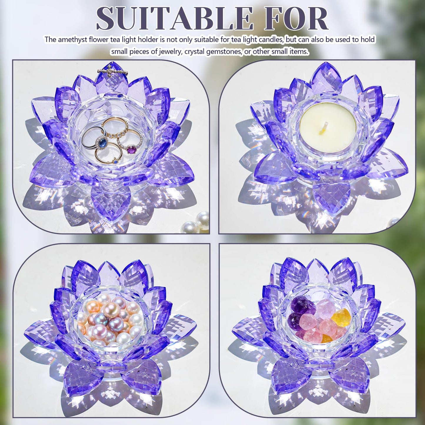 Kolnlala 2 Pcs Purple Crystal Lotus Flower Tealight Candle Holder | Glass Votive Candlestick Decor for Home, Wedding, Party & Christmas Table Centerpieces