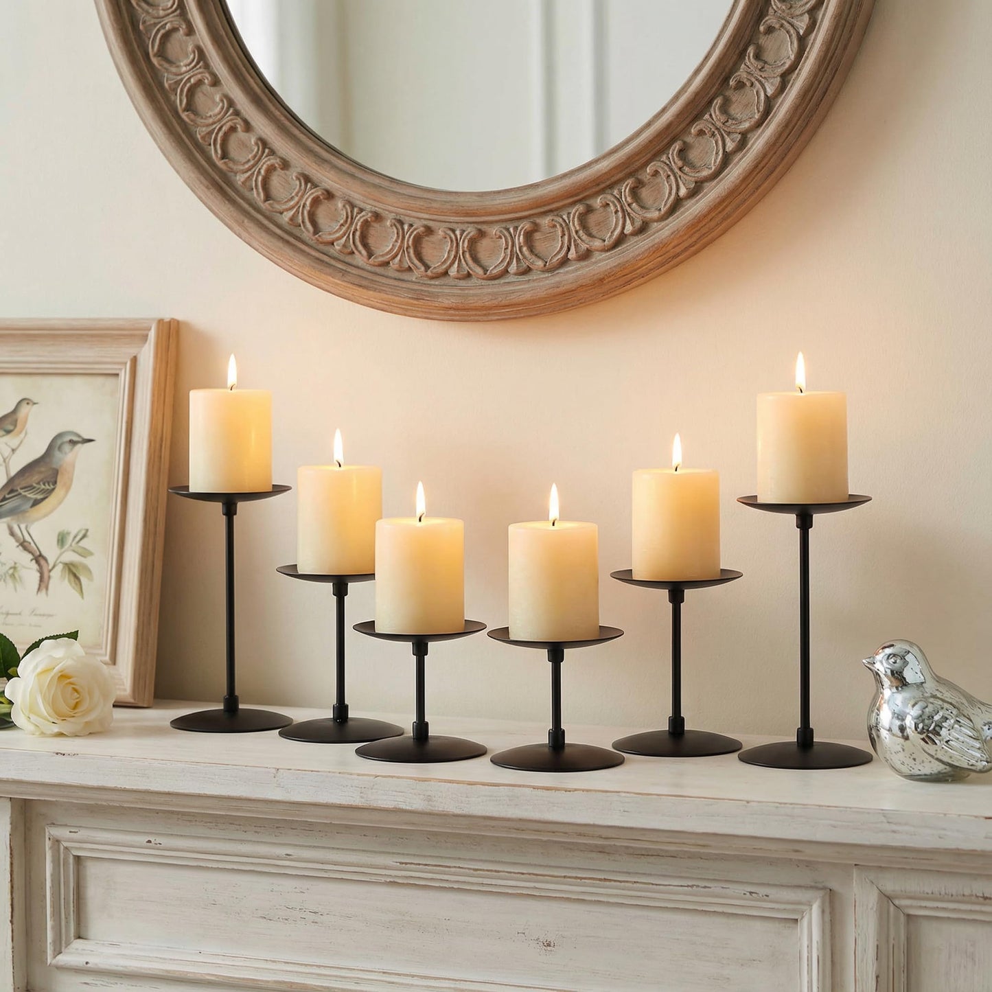 Elsjoy Set of 6 Black Pillar Candle Holders, Metal Pillar Candle Stand Fireplace Candelabras Set for Home Decor, Table Centerpiece, Wedding, 3 Sizes