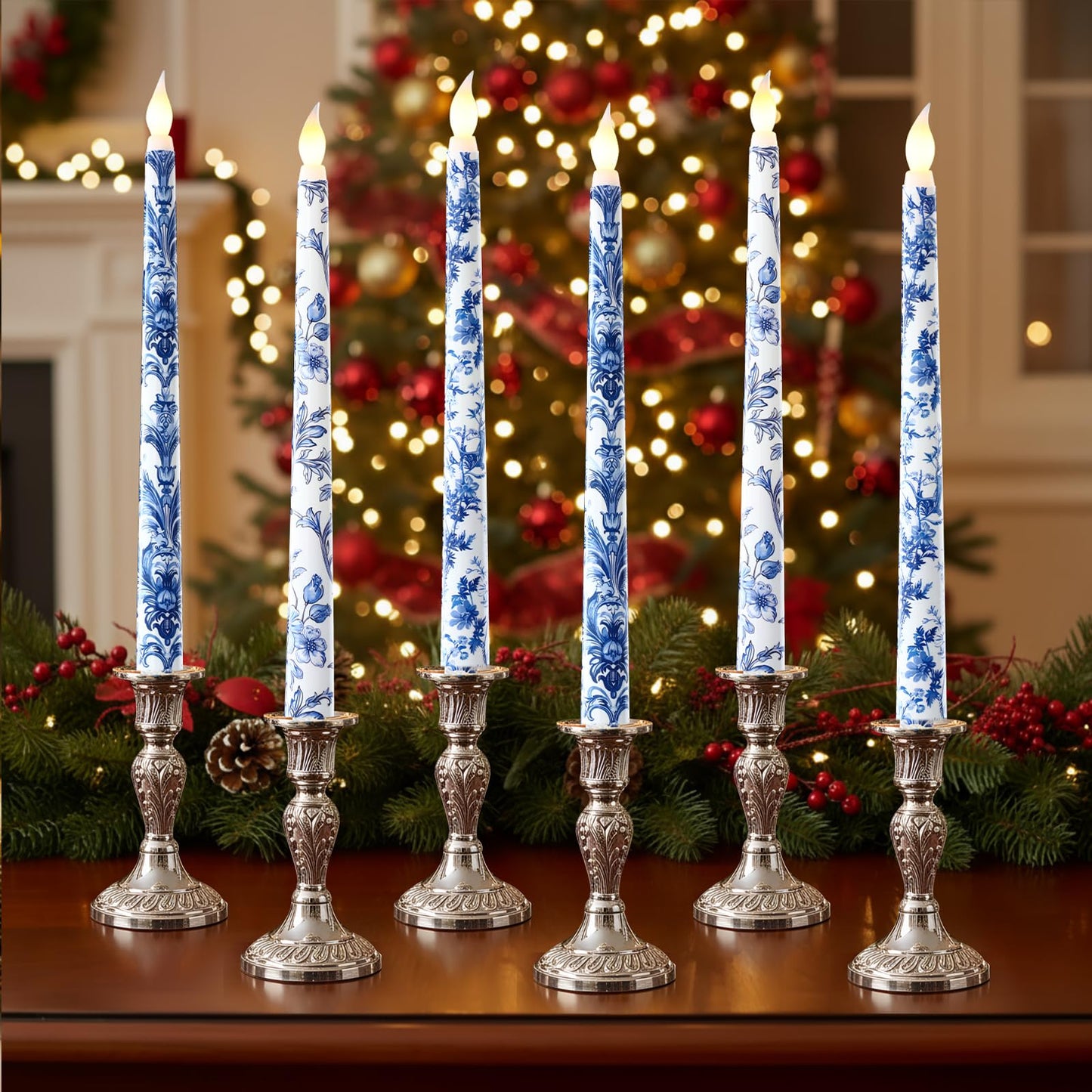 Kittmip 6 Pcs Christmas Blue White Flameless Taper Candles 11 Inch Chinoiserie Battery Operated LED Candlestick Holly Mistletoe Floral Table Centerpiece for Xmas Winter Holiday Party Decoration