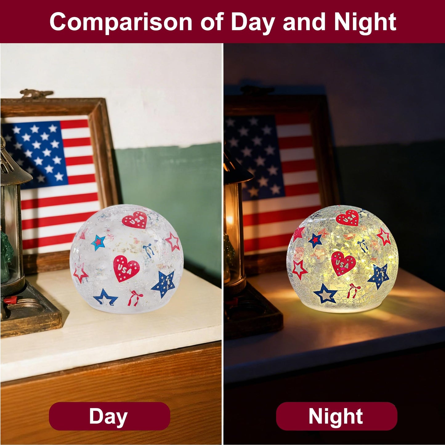 3PCS Independence Day Decorative Lights, 3.93-inch Independence Day Desktop Decoration LED Night Light, Cracked Glass Ball Light with Timer, 4th of July Decoration (Love)