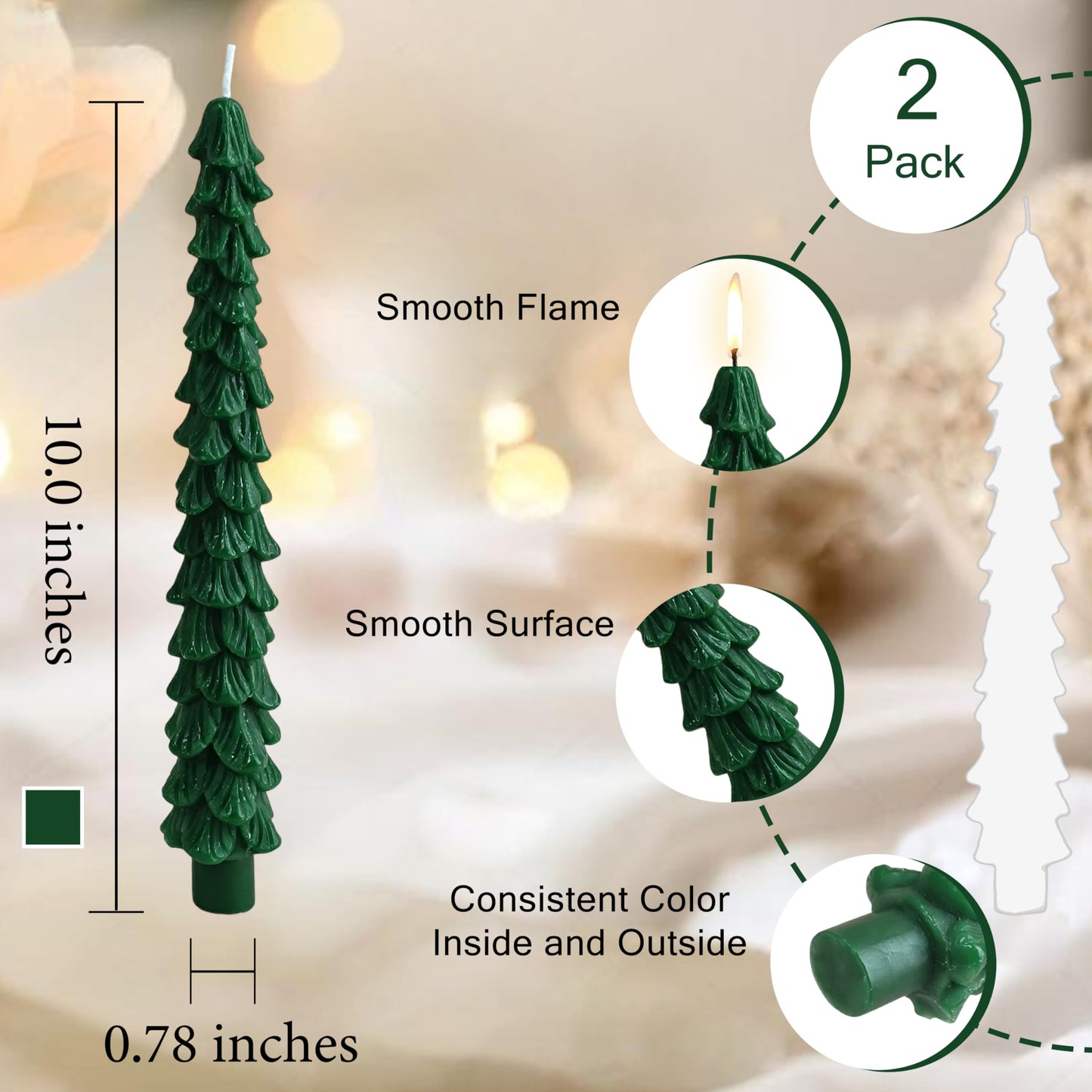 Green Christmas Tree Shaped Taper Candles 10 Inch Xmas Eve Holiday Candle Unscented Candlesticks for Christmas Party Room House Kitchen Decor Wedding Decorations Gift, 2 Pack