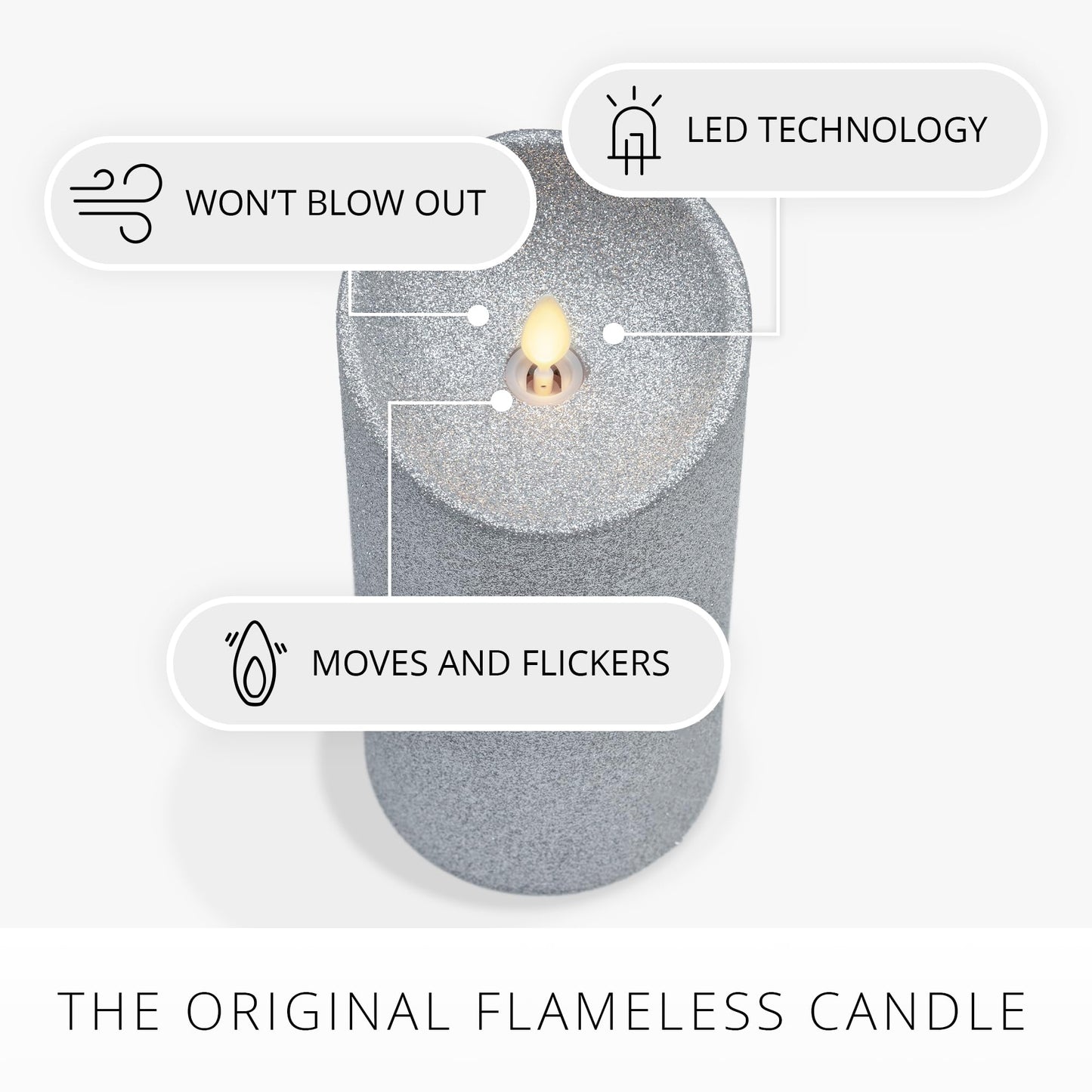Luminara Brilliant Silver Glitter Flameless Candle Moving Flame LED Pillar (3.5" x 7")