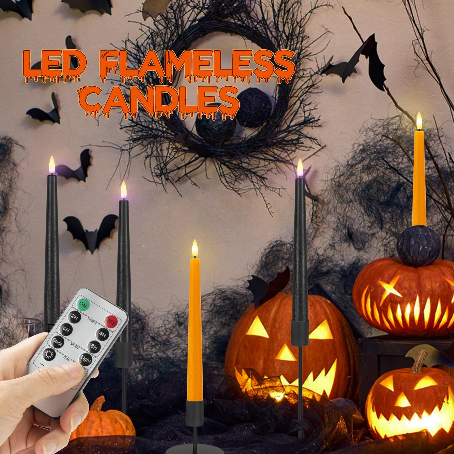 AFINETH Orange and Black Flameless Taper Candles Flickering, Real Wax Halloween Candles with 2 Remote & Timer, Battery Operated Halloween Led Candle for Party Home Decor 6 Pack