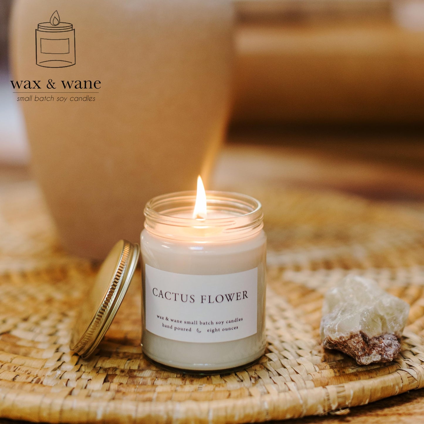 Wax & Wane Cactus Flower Modern 8oz Handmade Candle For Men and Women - Long Burning 40+ Hours Candles For Home, Bedroom, and Bathroom - 100% Natural Soy Candles Made in the USA