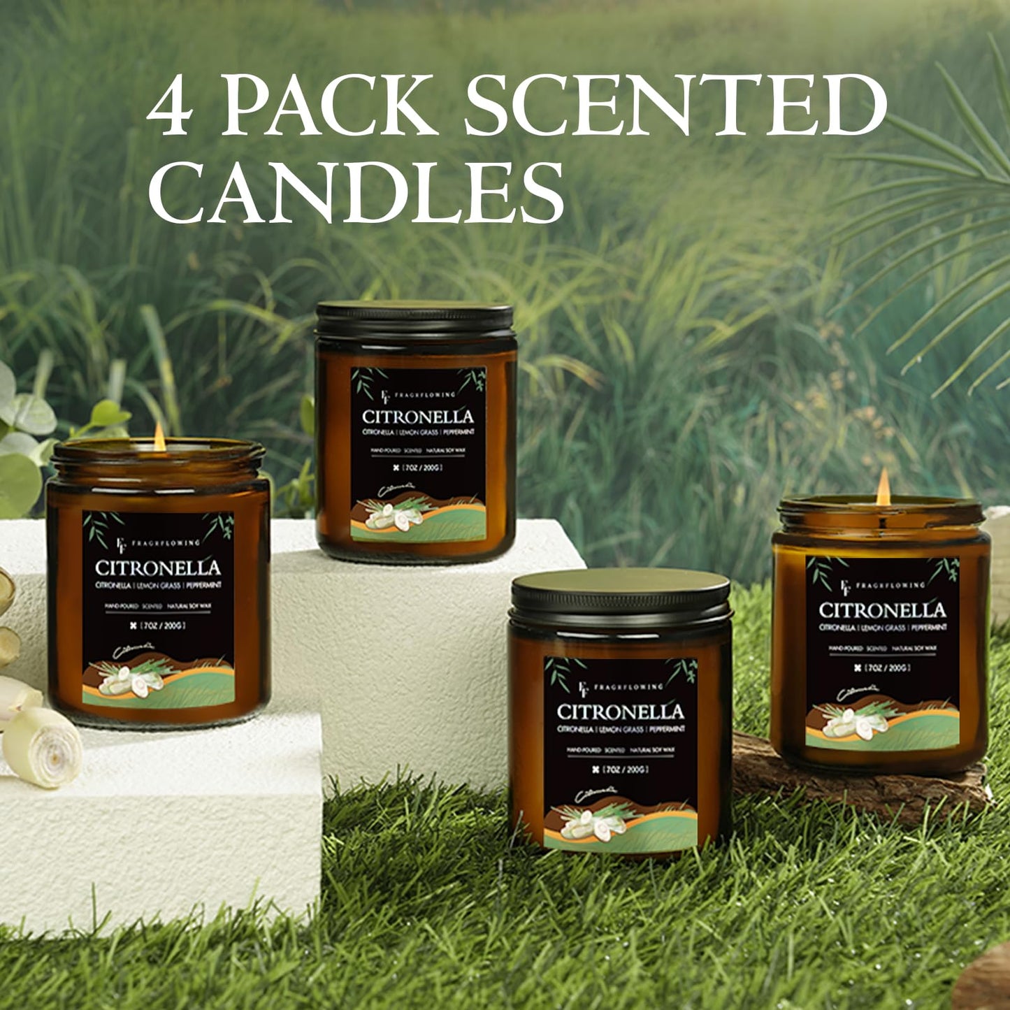 Citronella Candles Set, Indoor Outdoor Lemongrass Scented Candles，Natural Soy Wax Jar Candle, 200-Hour Burn Time, 28 oz (4 Pack)