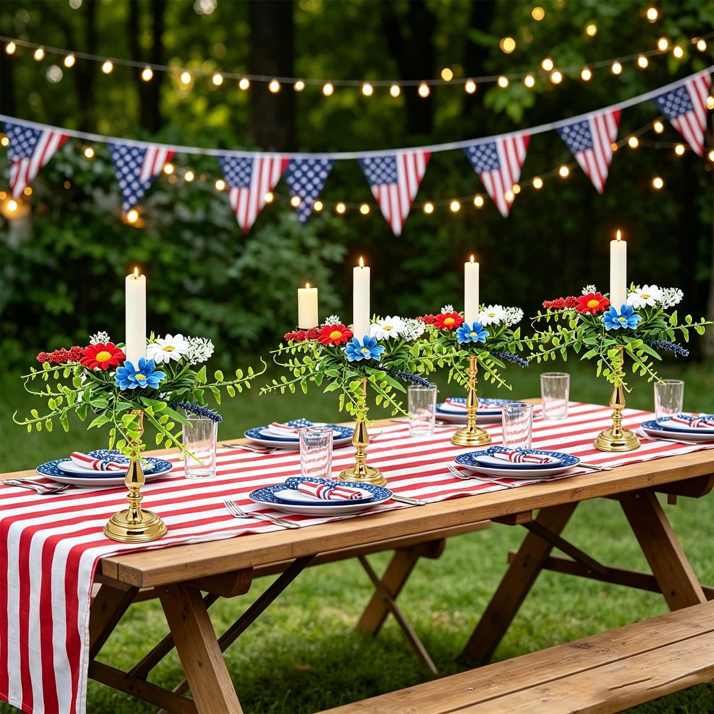 6 PCS Patriotic American Taper Candle Rings Wreaths 1.38" Mini 4th of July Floral Taper Candle Holder with Daisy Artificial Independence Day Table Centerpieces Wreath for Party Home Candlesticks Decor