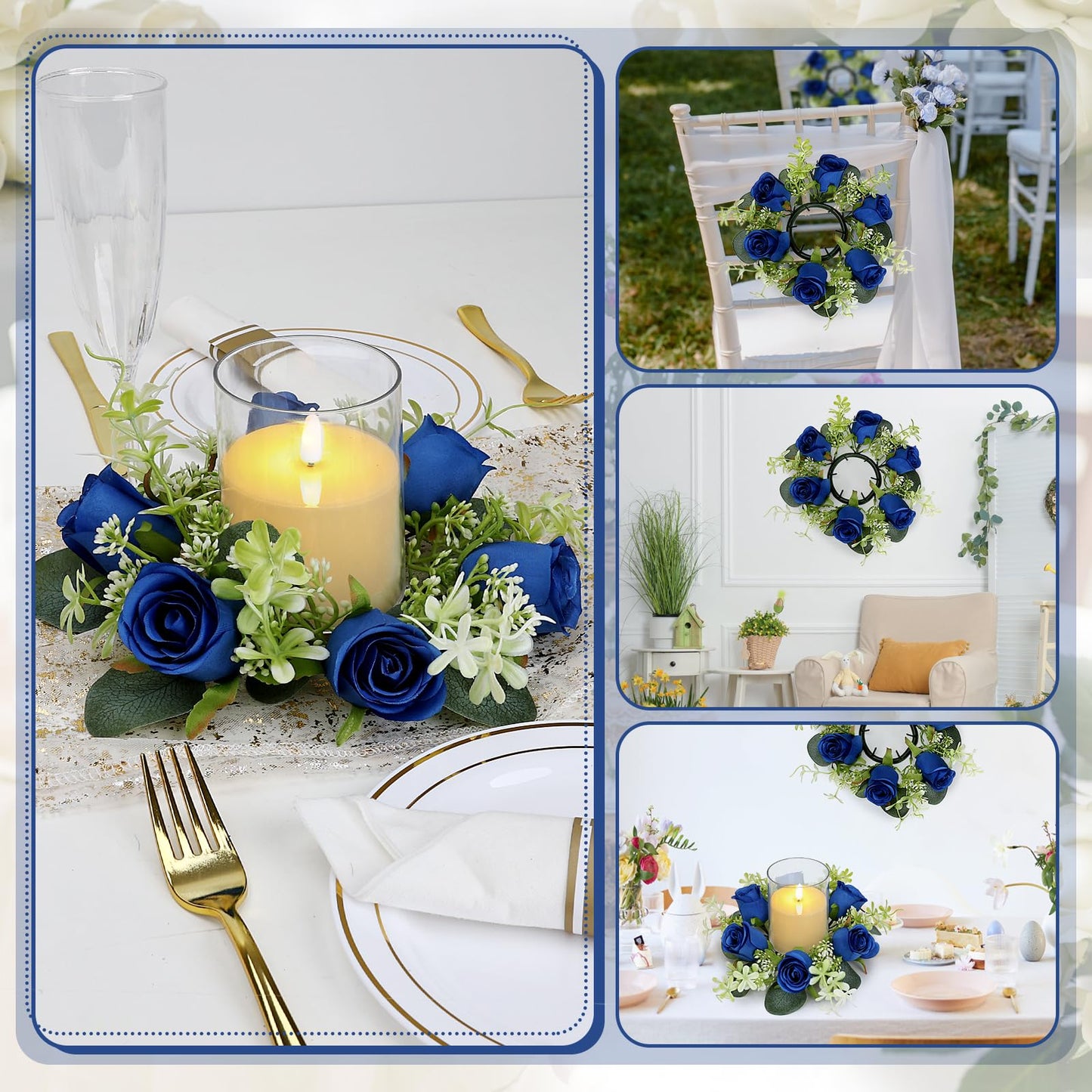 Tobilu 6 Sets Artificial Roses Candle Rings - Roses Floral Rings Wreaths with LED Candles Eucalyptus for Centerpieces Table Cabinets Front Doors Wedding Home Party Decor - Royal Blue
