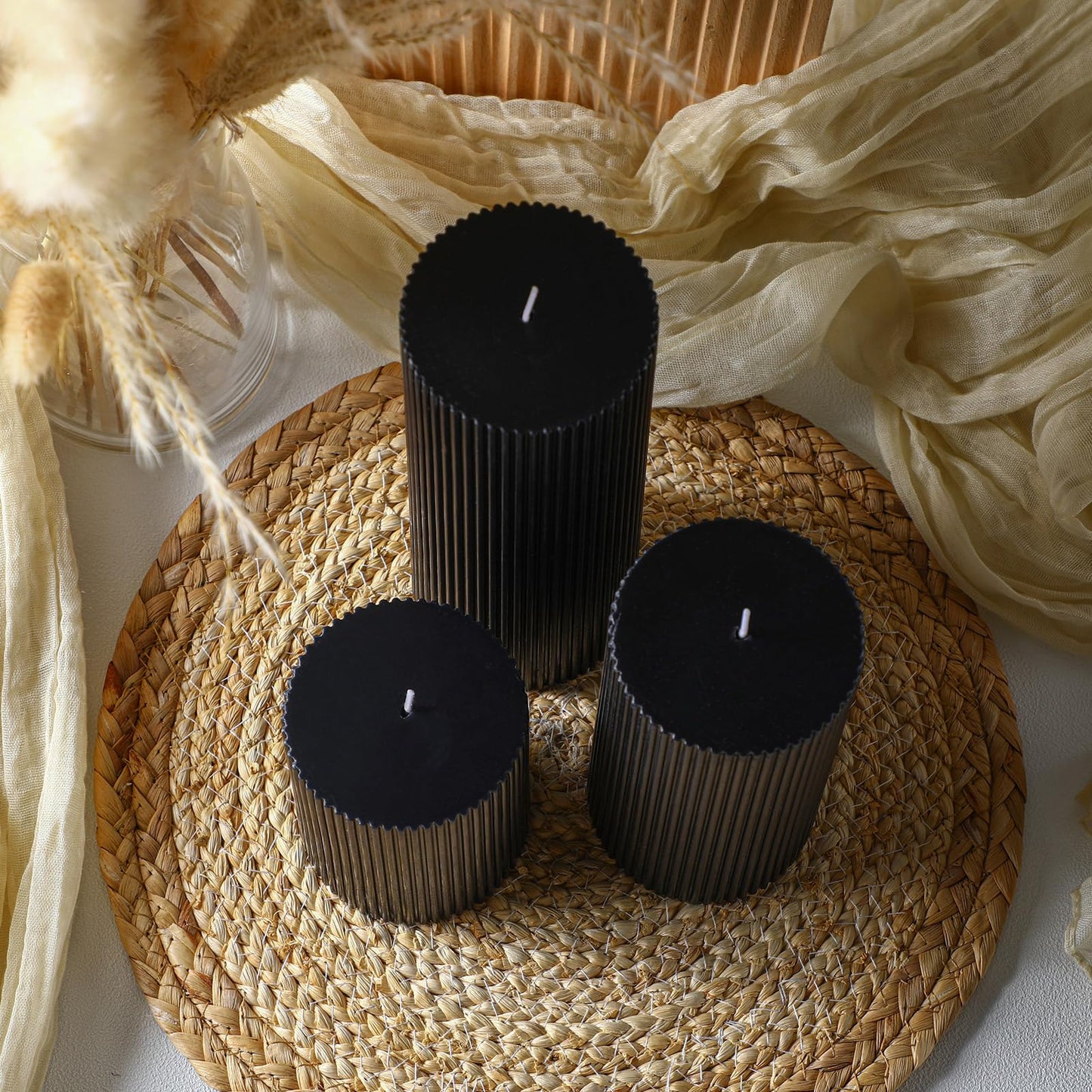 Conelist Ribbed Pillar Candles Set of 3, Width 3" High 4" 6" 8" Large Soy Wax Orchids Scented Pillar Candles Aesthetic Ribbed Modern Home Decor for Bathroom Living Room(Black)