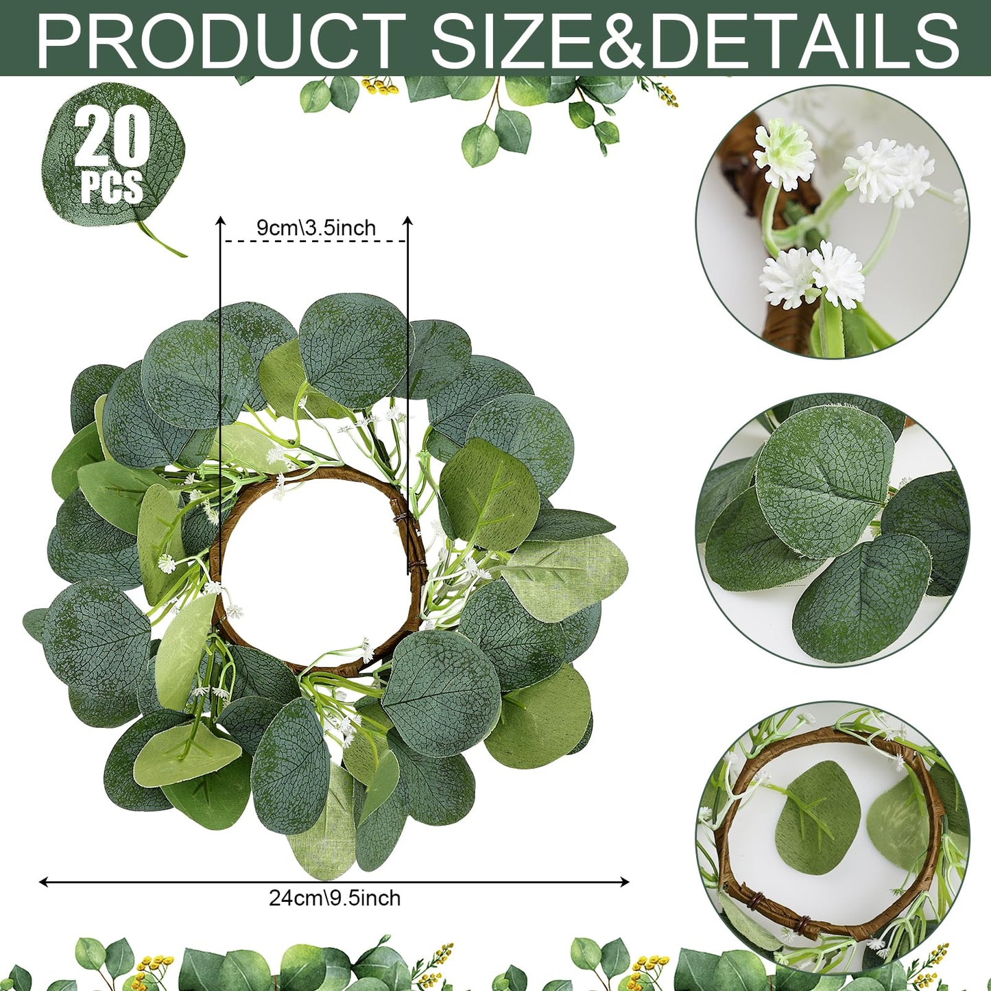 Tobilu 20 PCS Candle Rings - Artificial Eucalyptus Leaves Candle Wreaths Greenery for Pillar Fireplace Wedding Table Centerpieces Farmhouse Home Kitchen Decor