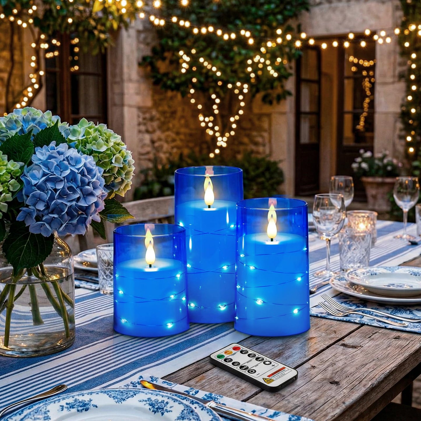 Homemory Flameless Candles with Embedded Star String Fairy Lights, Battery Operated Candles, LED Candle, Fake Candles with Remote Control and Timer, Blue, Set of 3(H 4" 5" 6”)
