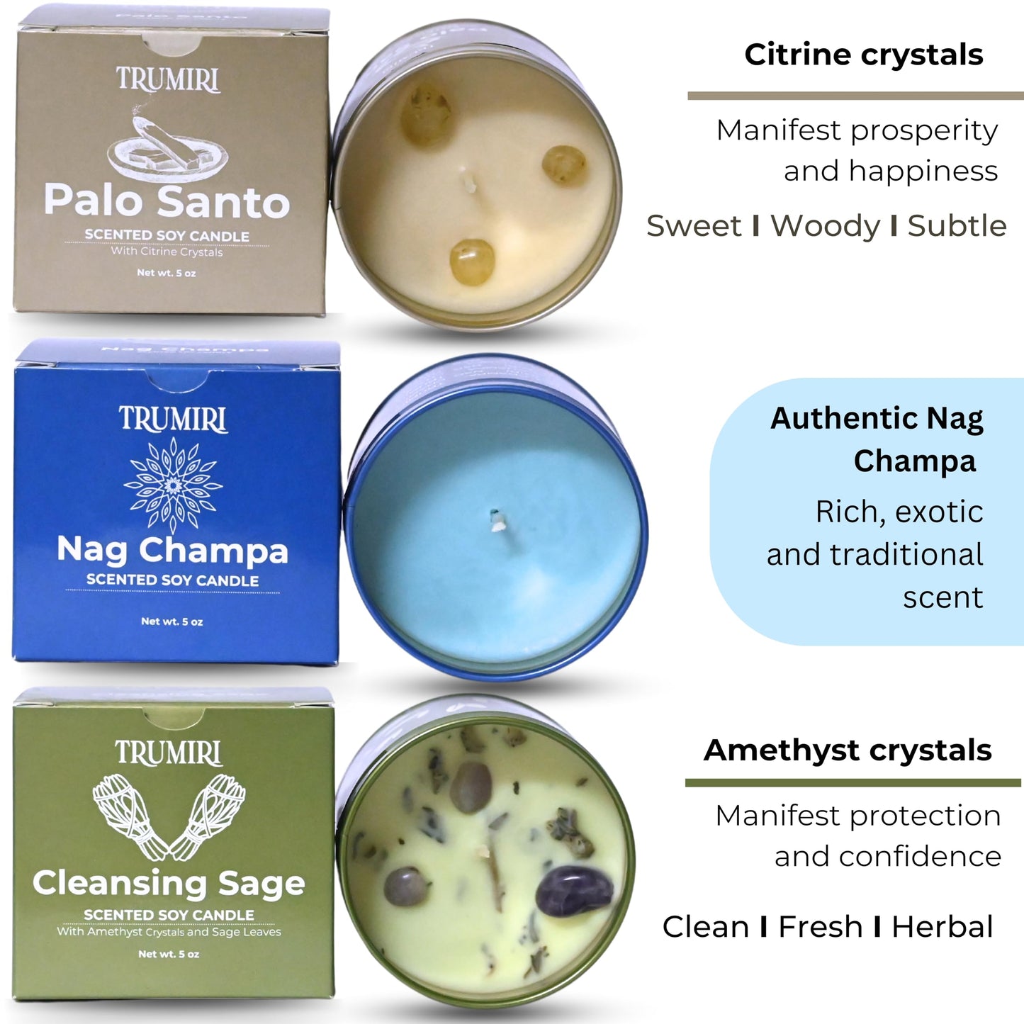 Cleansing Sage, Palo Santo, Nag Champa - Soy Candles Non Toxic - Highly Scented Long Lasting with Essential Oils - Variety Pack of 3 x 5oz - for Home Aromatherapy Meditation Gift Travel