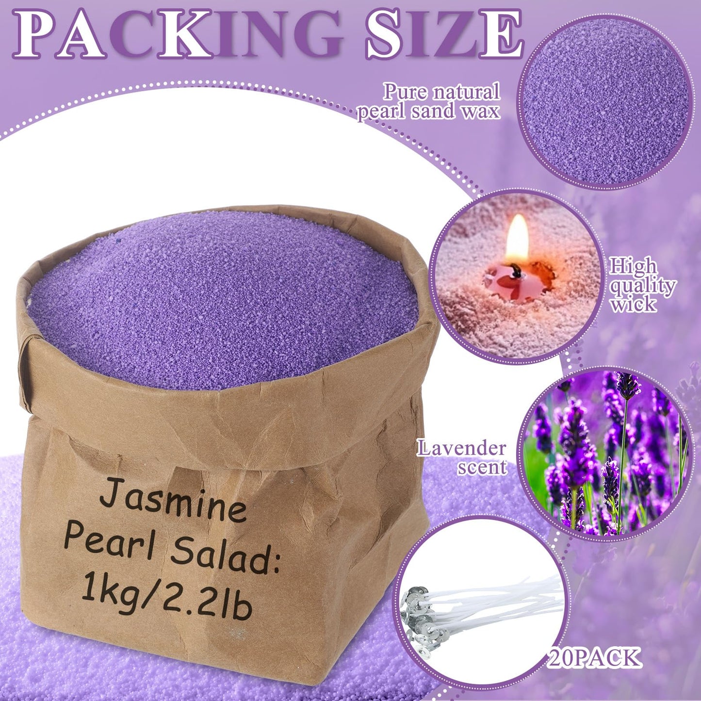 Conelist 2.2 lb Lavender Scented Pearled Candle Sand Wax Set Customized Powder Making Candles Refill Kit Palm Wax All Natural Non Toxic with 20 Wicks for Christmas Gifts DIY(Purple)