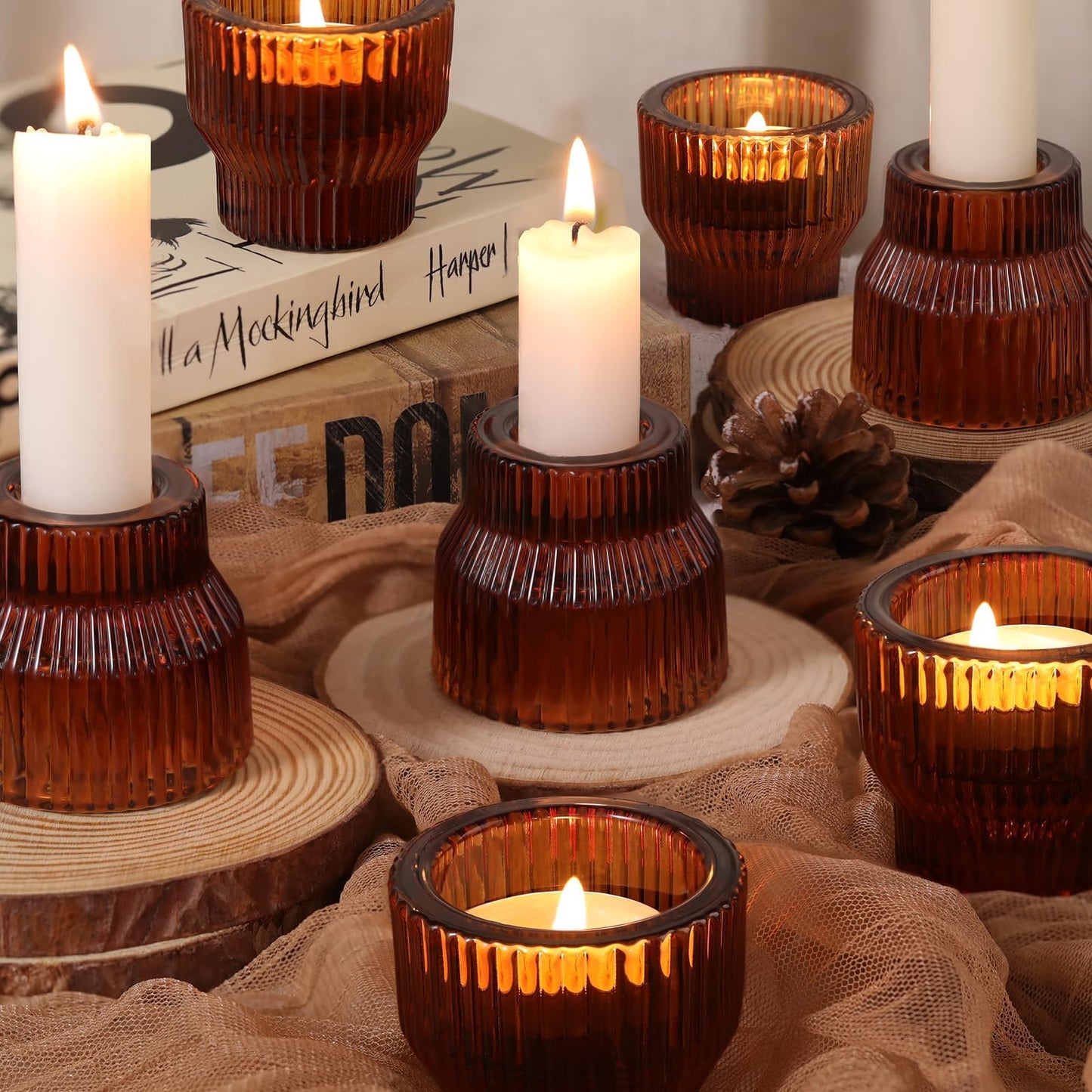 HAVITI 12 Pack Amber Taper Candle Holders, Glass Candlestick Holders, Tea Light Candle Holder for Fall Wedding Centerpieces Table Decorations, Votive Candle Holders for Table Decor