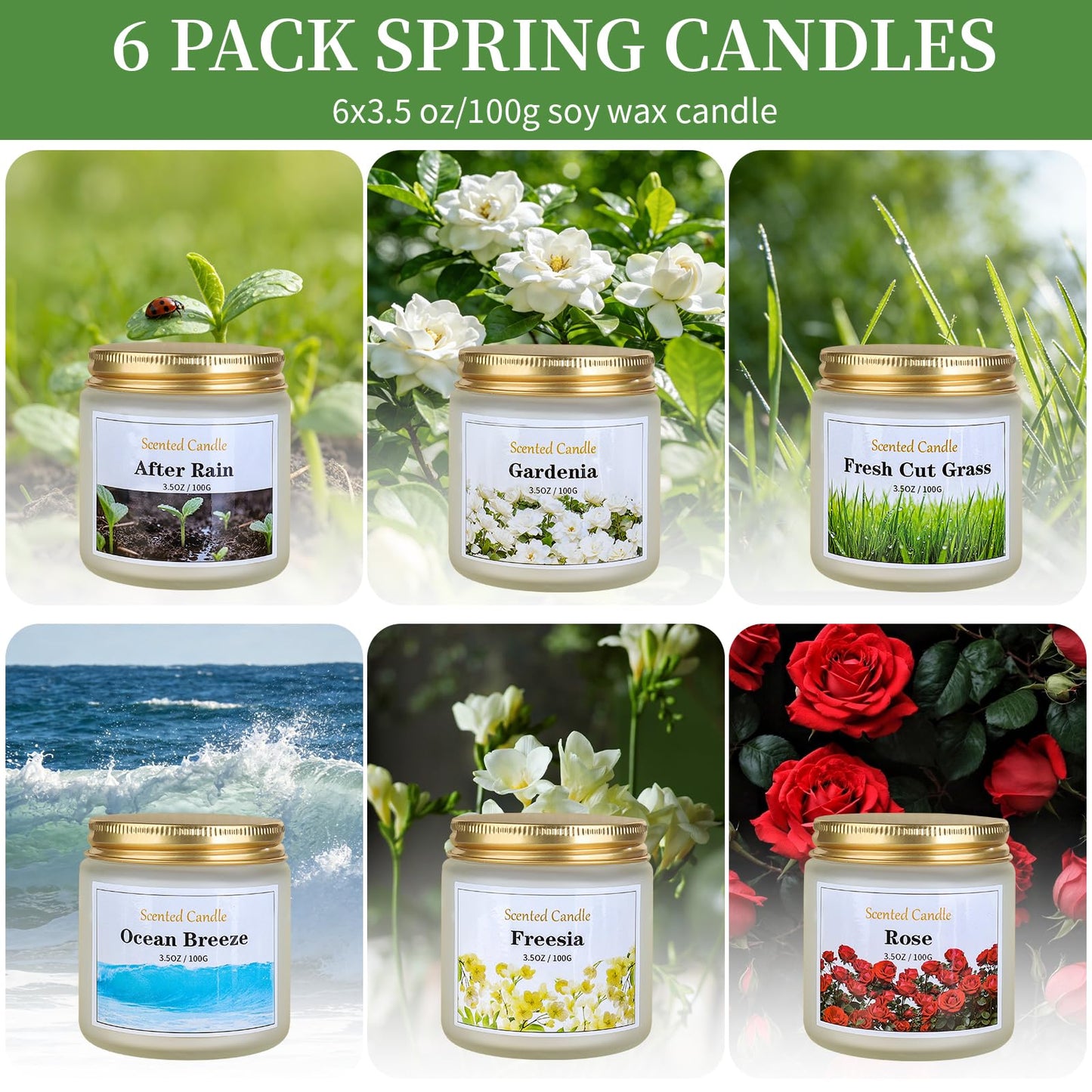 Spring Summer Scented Candles, 6 Pack Soy Wax Candles for Home Scented, 21 oz Aromatherapy Candle Gift Set for Women & Men, Freesia/Rose/After Rain/Gardenia/Fresh Cut Grass/Ocean Breeze