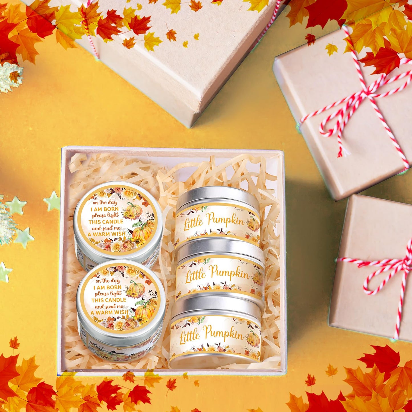 MTLEE 24 Pcs Fall Pumpkin Baby Shower Party Favors Candles Lavender Scented Baby Shower Favors for Guests Rustic Tealights Candles Gender Reveal Return Gifts(1.2 oz, Yellow)