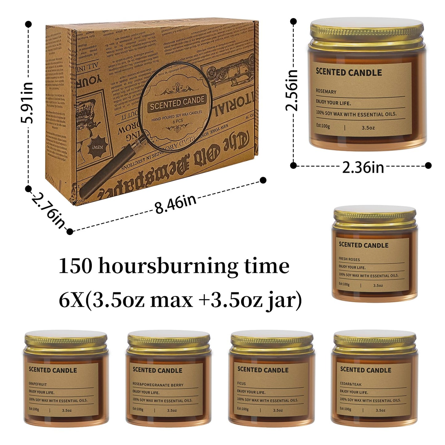 6 Pack Scented Candles Gifts for Women,3.5 Oz Amber Candles Set, 150 Hours Long Burning Soy Wax Candles Jar Aromatherapy Candles for Stress Relief, Birthdays, Weddings, Christmas Gifts, Yoga, Bath
