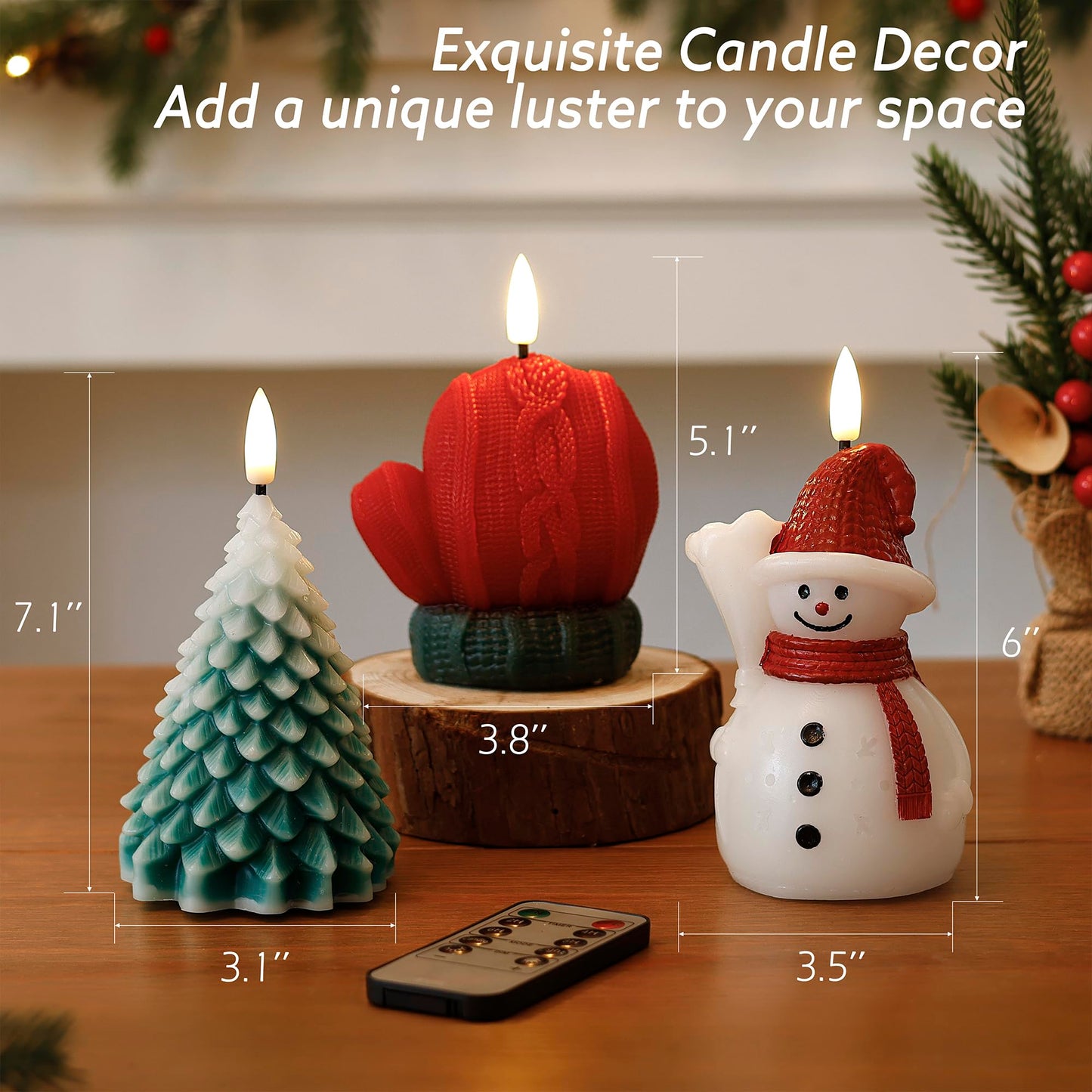 AFINETH Christmas Flameless Candles with Remote, Real Wax Battery Operated Christmas Candles, Flickering Xmas LED Candles for Table Home Party Decor, Set of 3