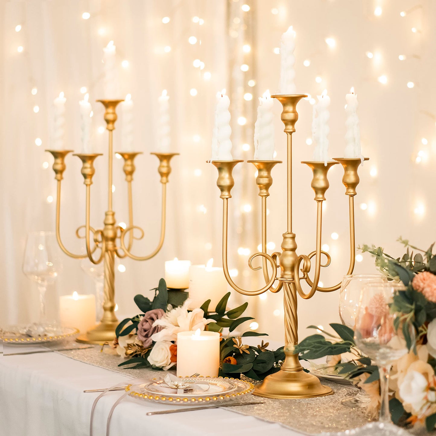 19.7in Gold Candelabra Centerpieces for Tables, 2Pcs Metal Tall Candle Holder for Taper Candles, 5 Arm Candlestick Holder for Wedding Centerpiece Decor Party Event Reception Decoration