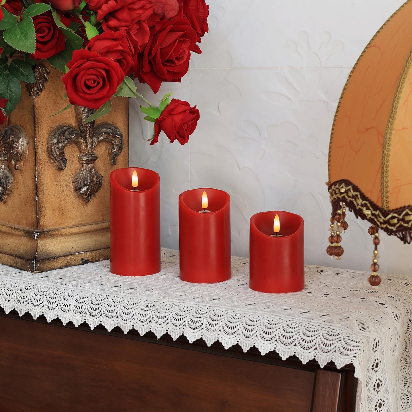 Battery Operated Candles, Real Wax Red LED Candle Flickering Flameless Candles with Remote, 3D Wick Fake Candles for Christmas, Thanksgiving, Home Decor, Party, Gifts, Set of 3, D3"x H4"/5"/6"