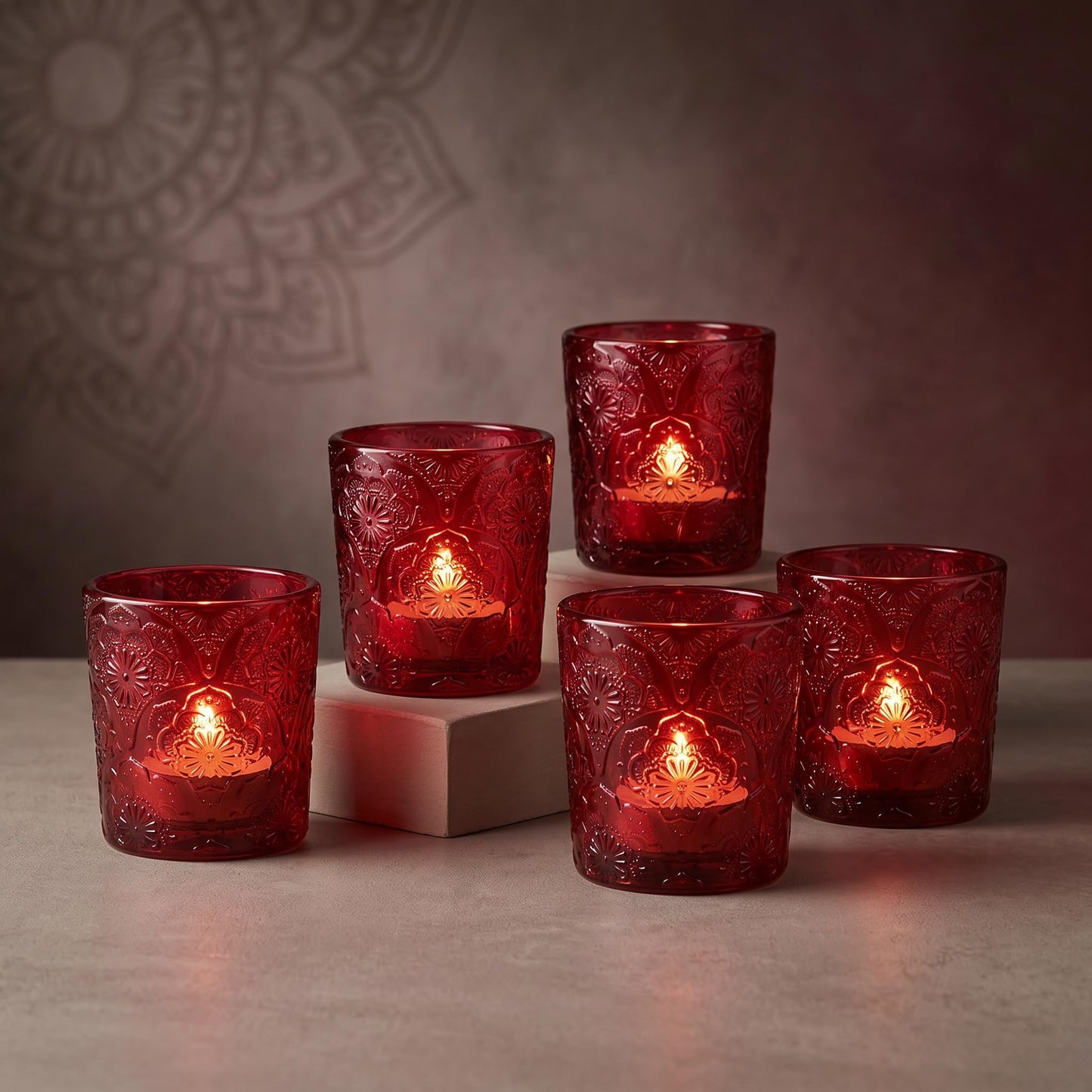 6 Pack Mandala Embossed Glass Candle Holders – Votive Tealight Holders with Patent Design, Decorative Embossed Glass Cups for Wedding Centerpieces, Parties, and Home Décor (Wildberry Red)