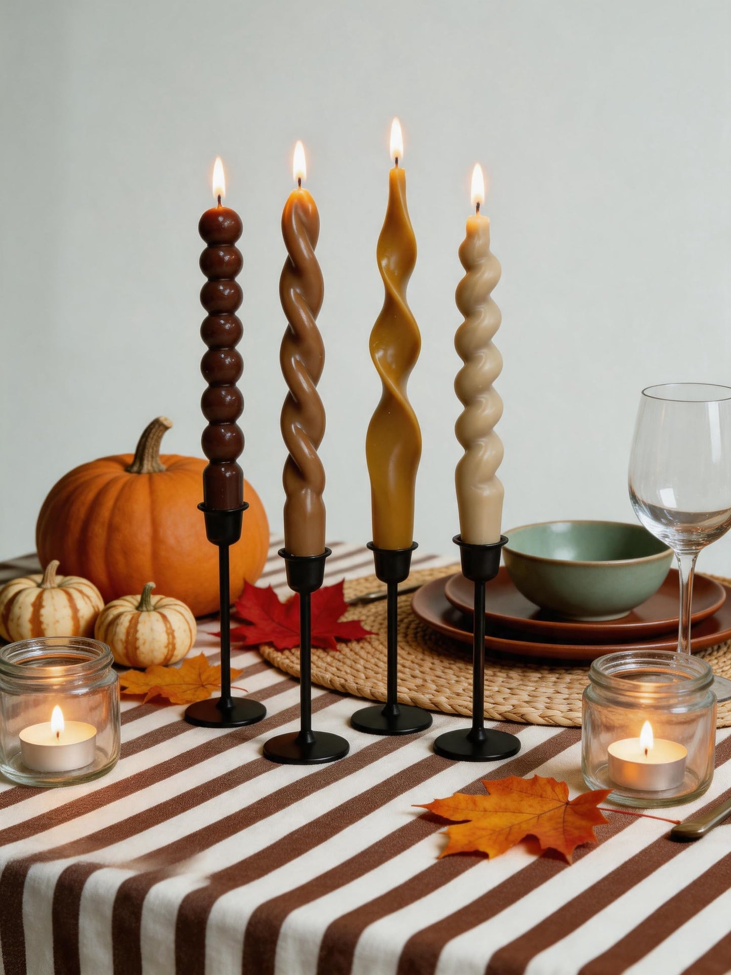 Spiral Taper Candles Brown Short Candle Sticks Unscented Smokeless Twisted Candlesticks for Dinner Party Holiday Fall Halloween and Harvest-7.5inch-12pack