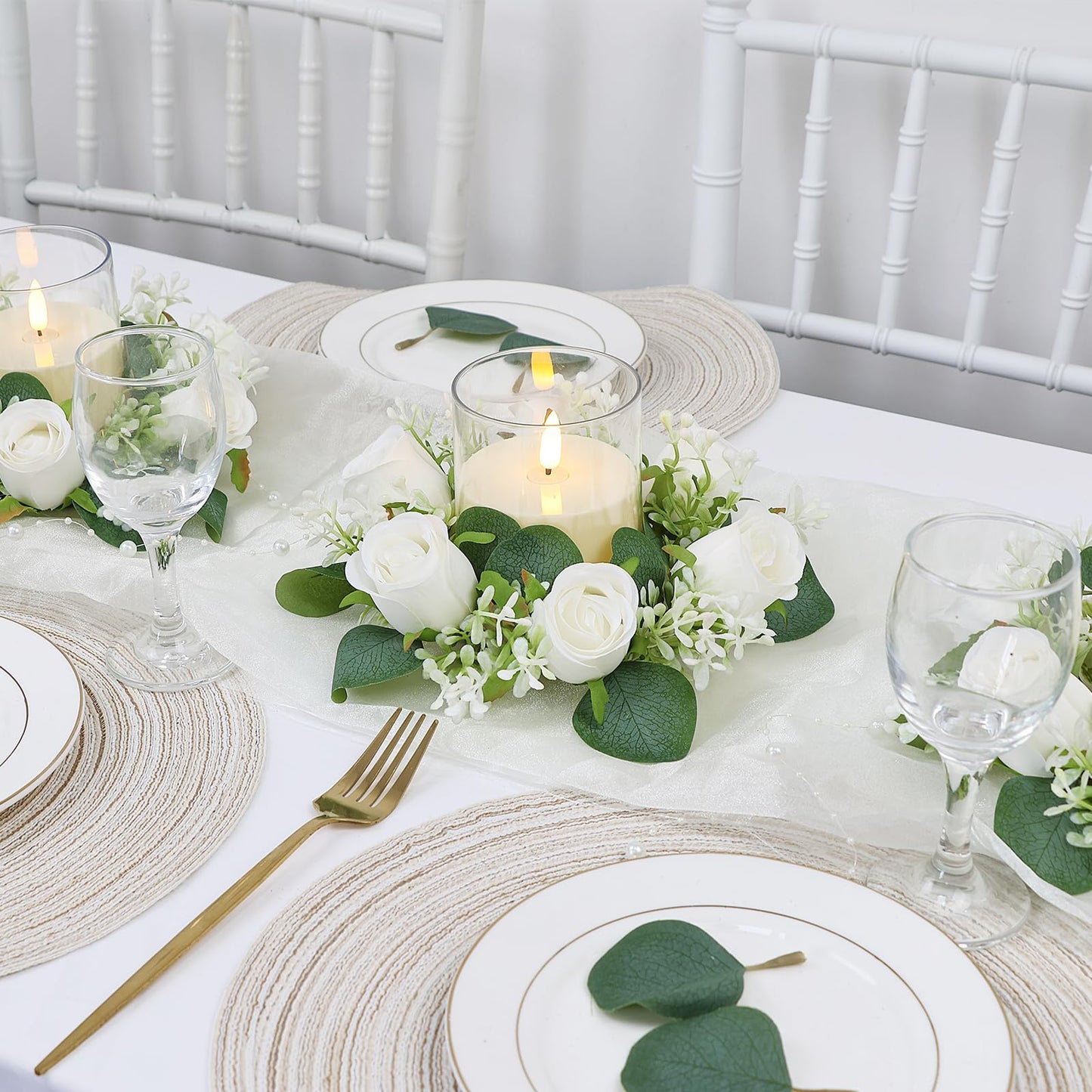 Acmee White Rose Candle Rings with Flameless Candles Sets - 12PCS Artificial Flower Eucalyptus Wedding Centerpiece 3 Inch Pillar Candleholders Wreaths for Wedding Party Decor (White - 6 Sets)