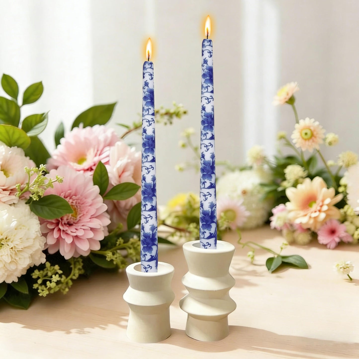 Blue and White Printed Candles Unscented Candlesticks 10 inch Hight Candle 2 PCS Handmade Taper Candle for Home Wedding Dinner Holiday Party