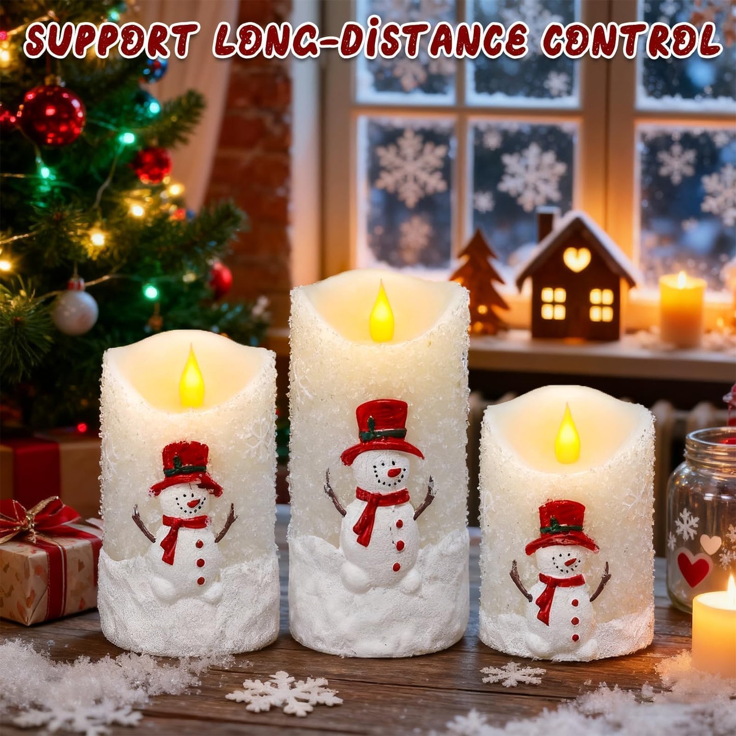LCZLUMIPRO Snowman Flameless Candles with Remote & Timer - 3 Pcs Winter Battery Operated LED Pillar Candles, Real Wax Electric Candles in Warm White for Christmas Table, Mantel & Home Decor